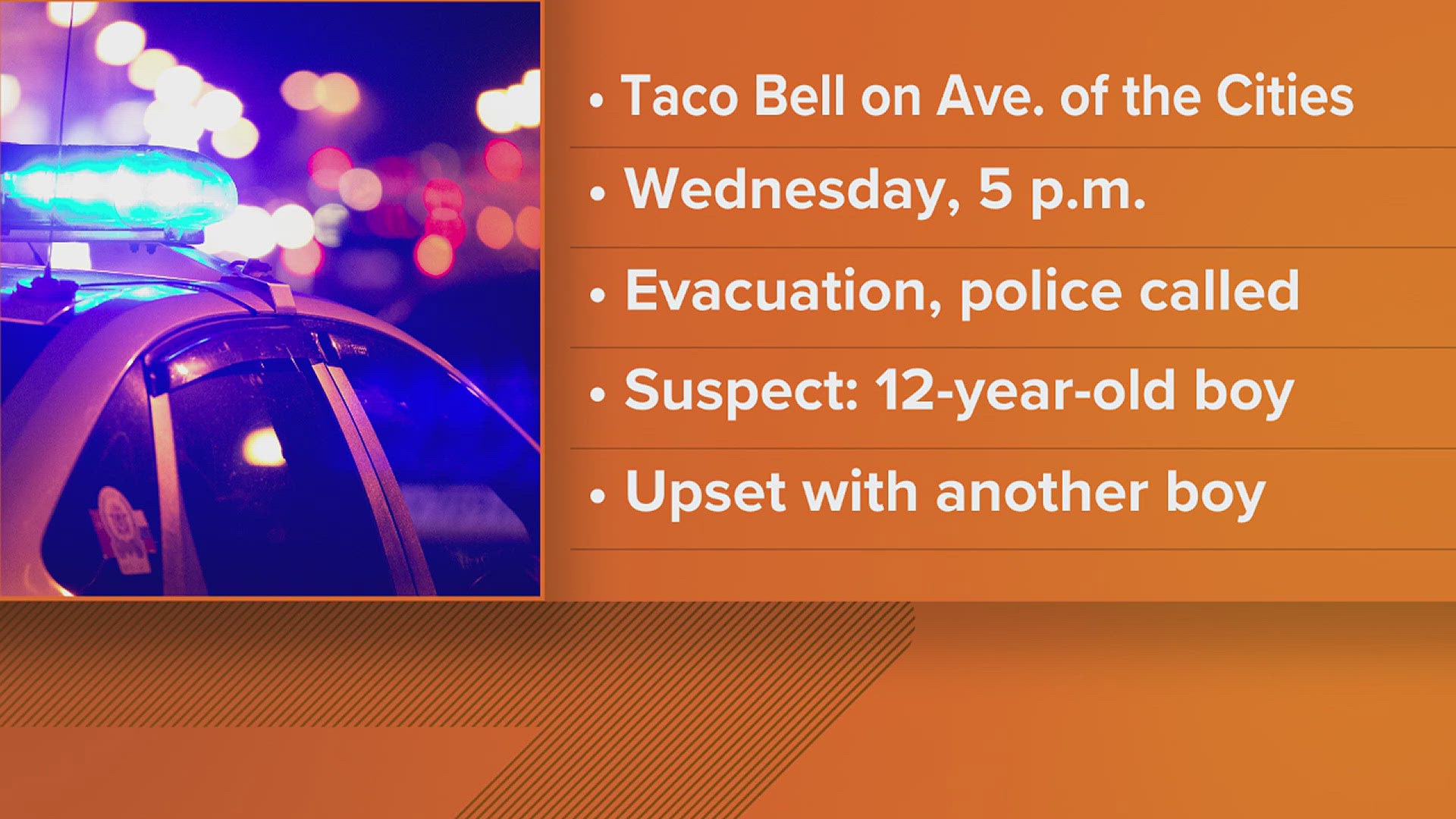 Police said they learned the 12-year-old had made the fake threat out of retaliation at another juvenile who was at the Taco Bell.