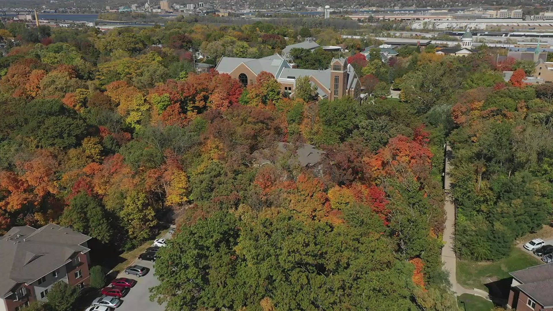 Augustana College is surrounded by deciduous trees, turning into lovely colors in the fall of 2020.
