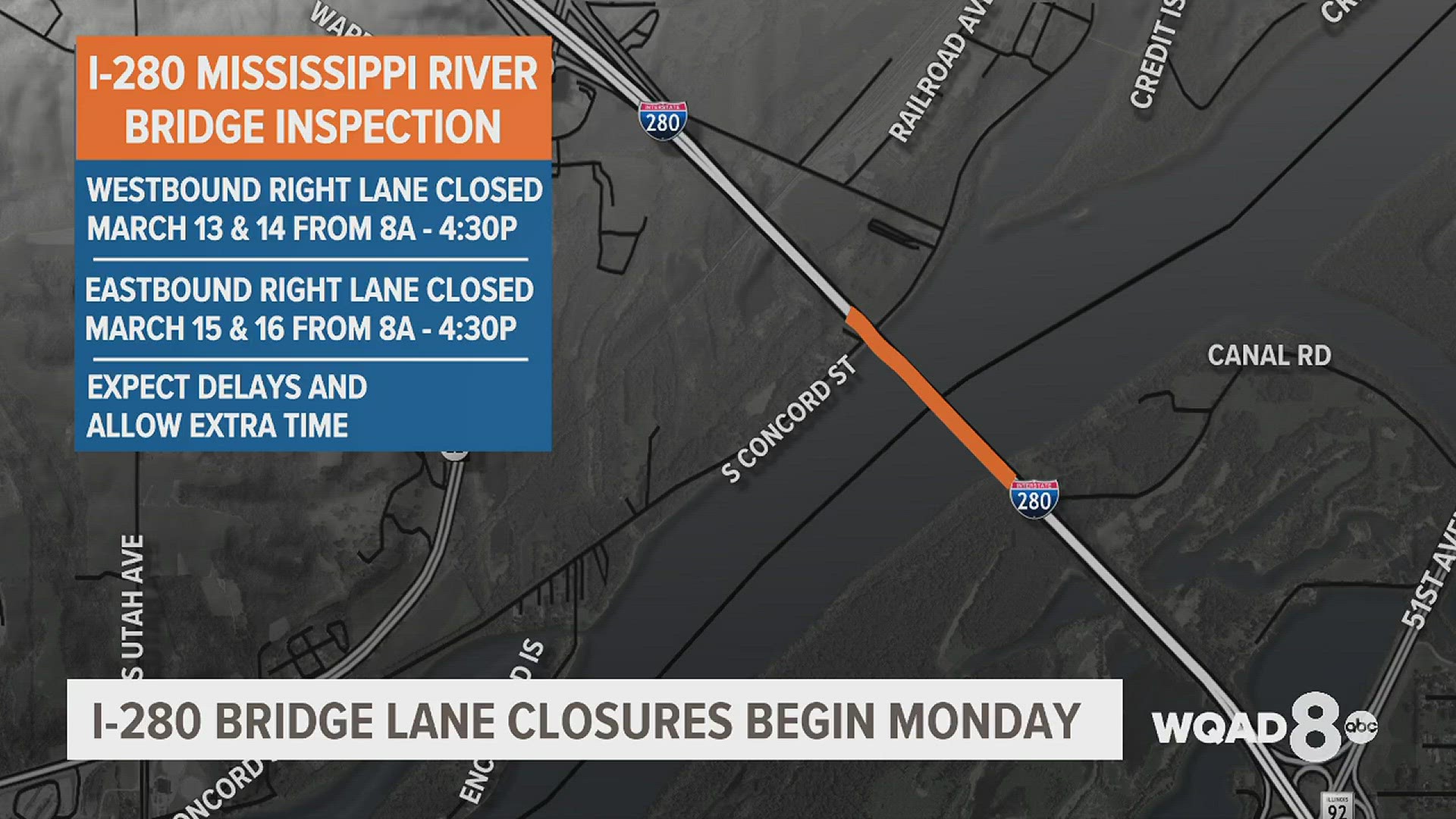 The westbound right lane will be closed on the bridge March 13-14 from 8 a.m. to 4:30 p.m. The eastbound right lane will be closed March 15-16 during the same time.