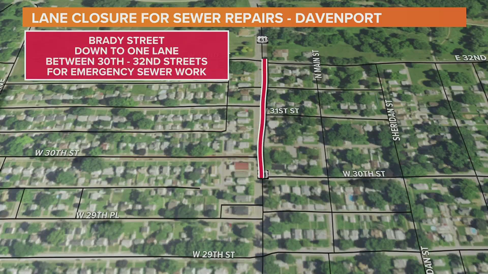 Brady Street is down to one lane between 30th and 32nd streets for emergency sewer line repairs. The city is currently investigating the issue.