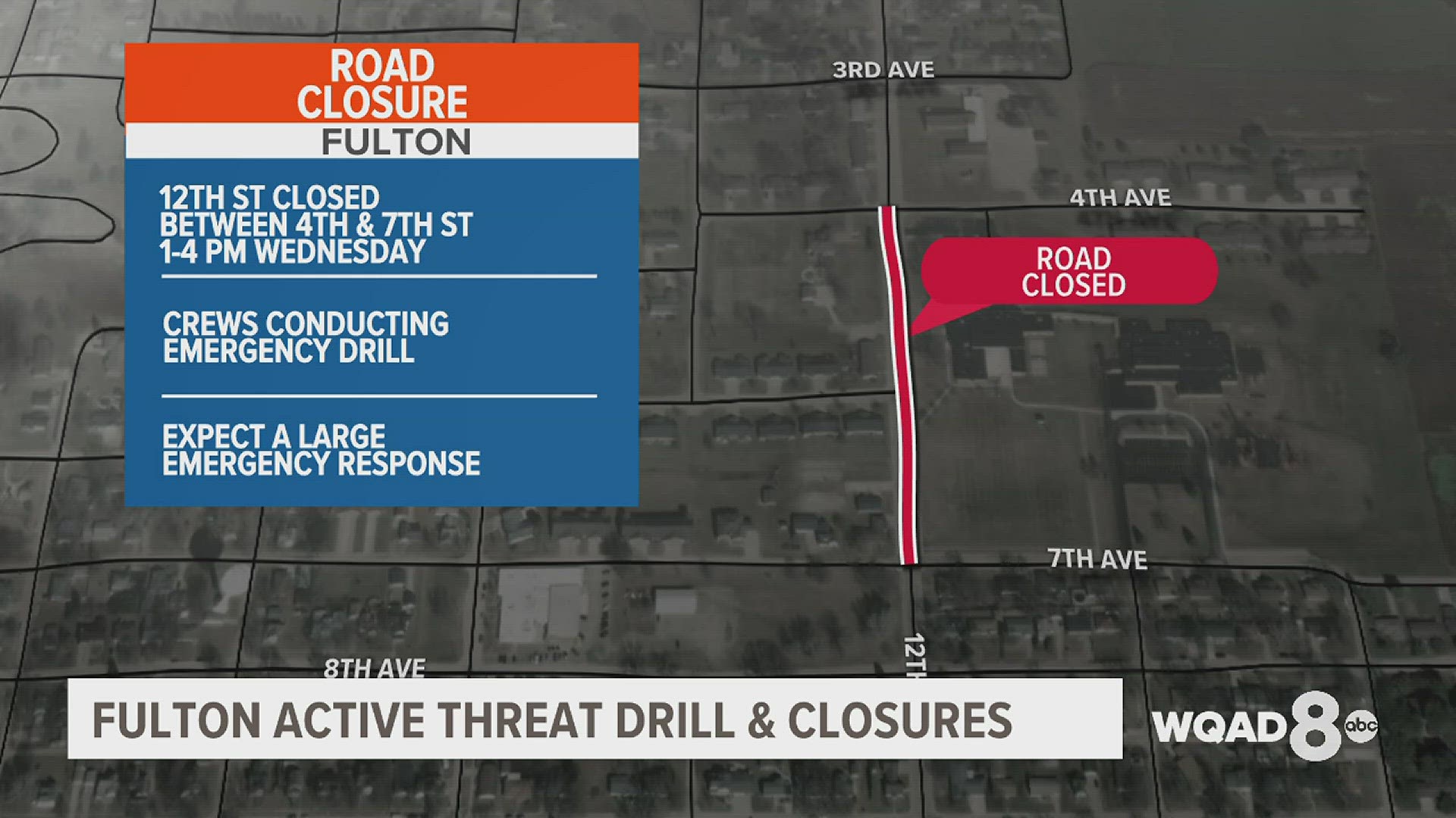 Fulton police and firefighters will perform an active threat simulation outside of River Bend Middle School. 12th Street between 4th and 7th Avenues will be closed.