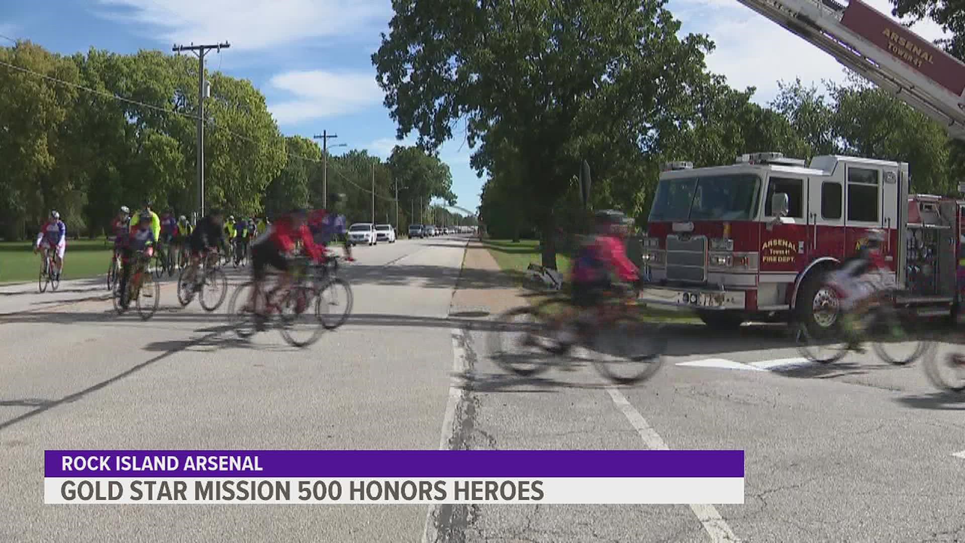 30 bicyclists made a stop at the Arsenal as part of the Gold Star Mission 500, a long bike ride honoring servicemembers who died in the line of duty.