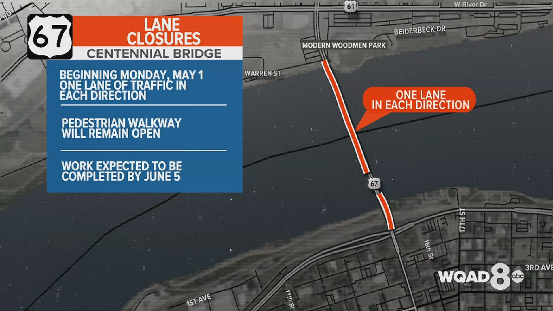 Centennial Bridge lane closures expected until early June; eastbound exit ramp from John Deere Road to I-74 southbound will be closed for 3 weeks.