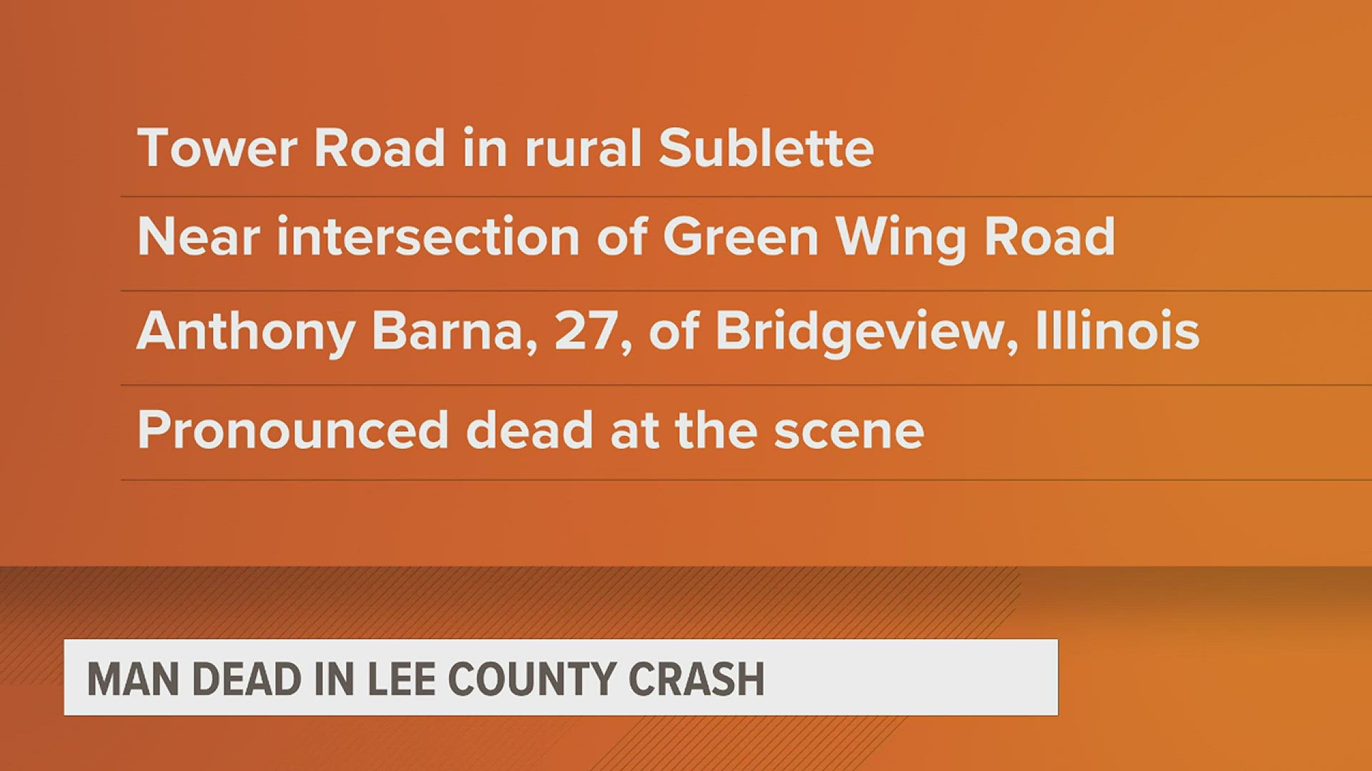 27-year-old Anthony Barna was pronounced dead after his car ran off the road in rural Sublette. He was the only person involved in the accident.