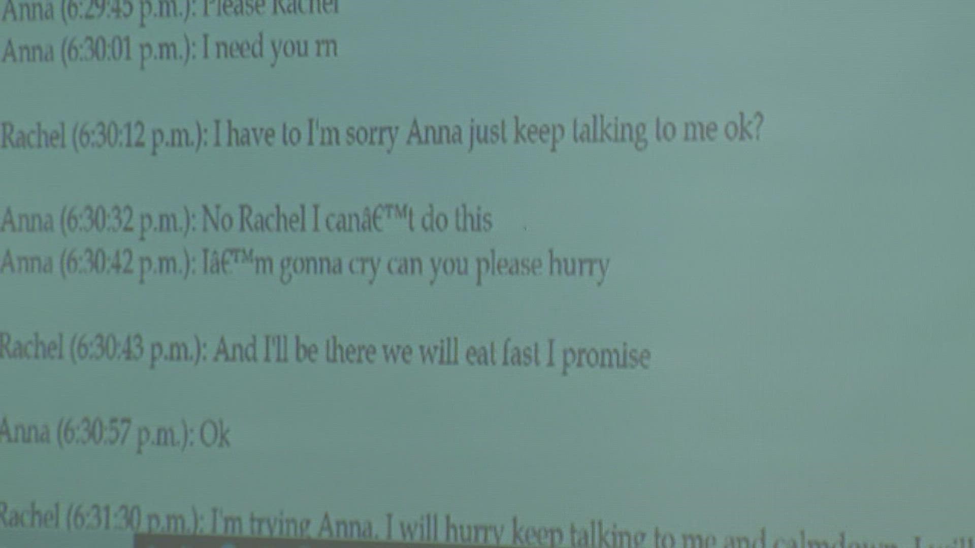Text messages between Anna Schroeder and Rachel Helm are read in court.