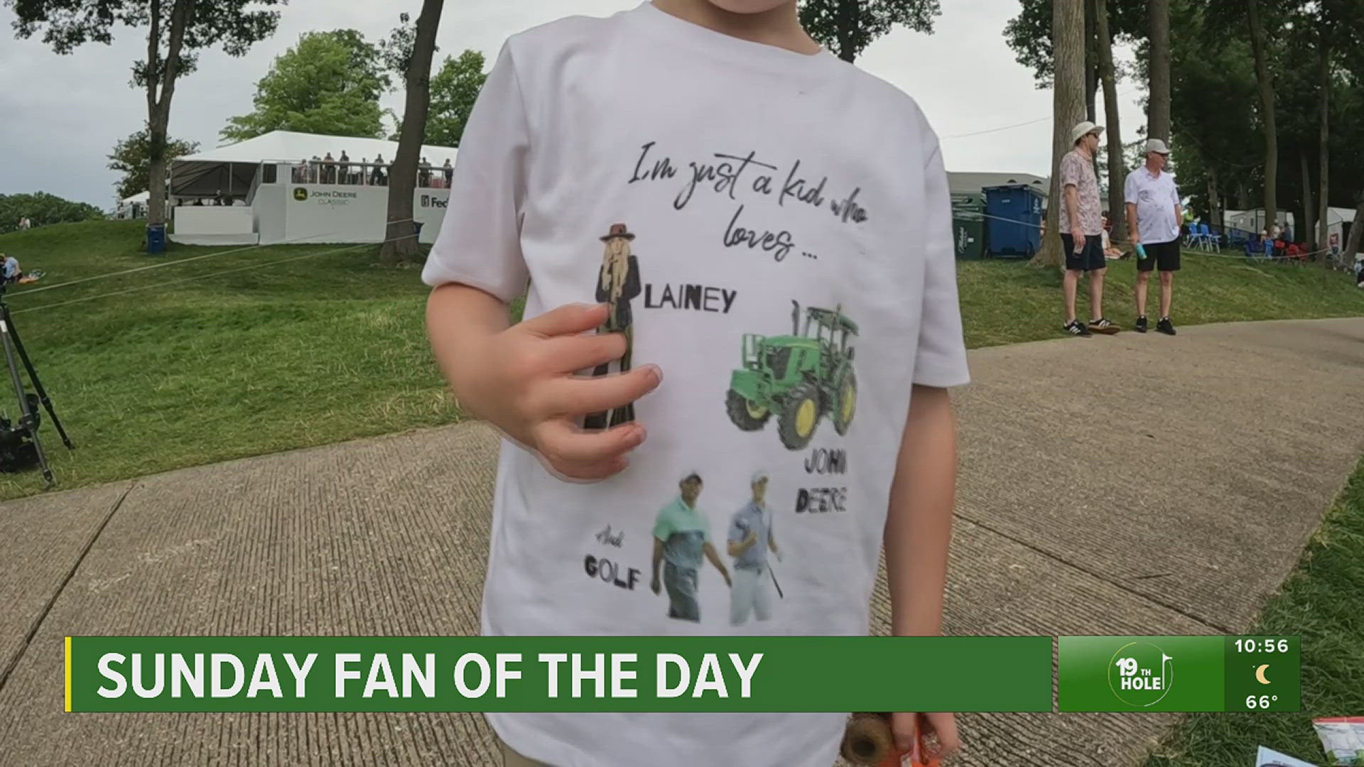 4-year-old Jackson wore a shirt featuring Lainey Wilson, a John Deere Tractor and professional golfers Jordan Spieth and Tiger Woods.