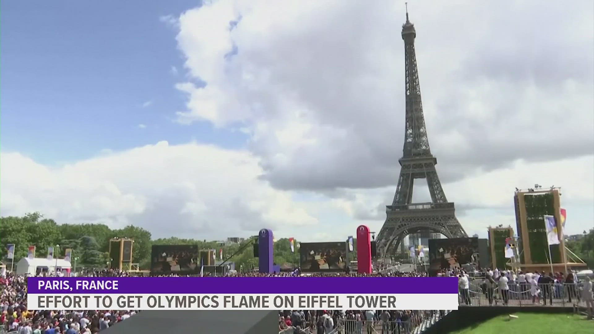 Paris Olympic organizers are preparing to install the Olympic torch at the top of the Eiffel Tower.