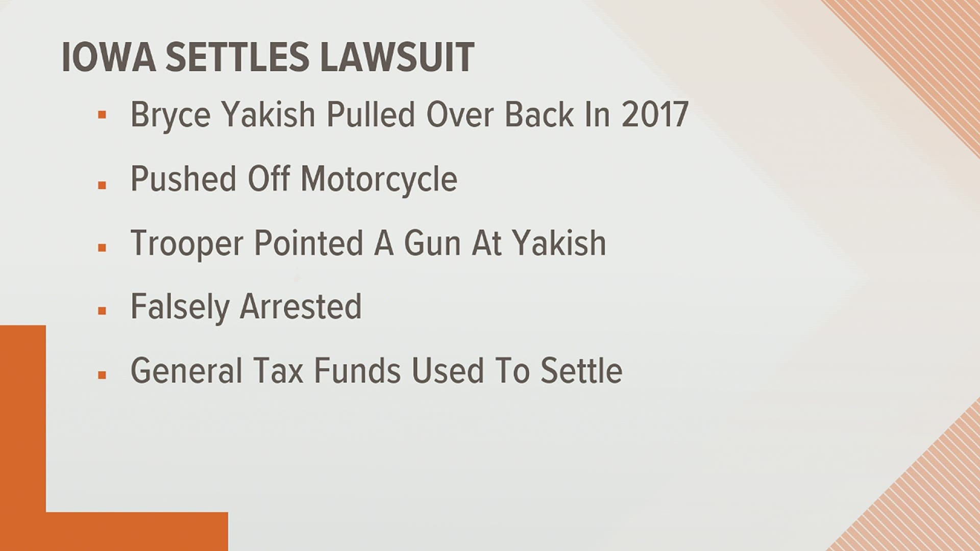 Bryce Yakish will receive $225k after former Iowa State Patrol trooper Robert Smith knocked him over and put his knee on his neck during a 2017 traffic stop.