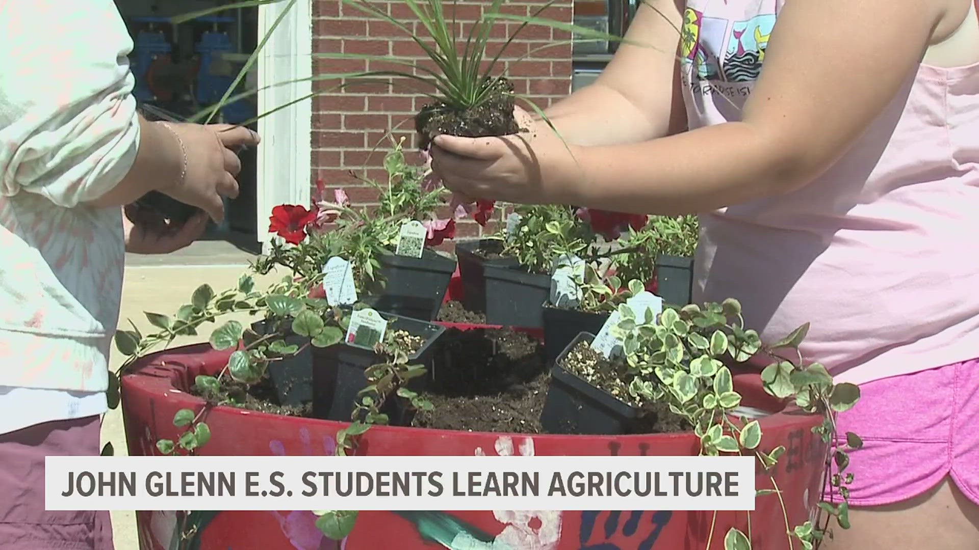 Fifth-graders from John Glenn Elementary School in Donahue, Iowa planted flowers in 10 pots that the city plans to place around the area.