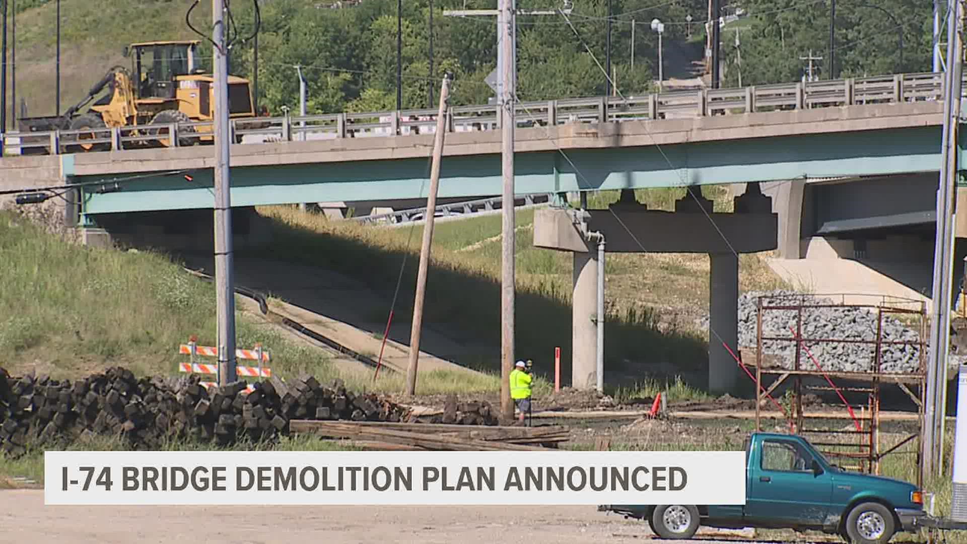 The old I-74 suspension bridge is slated to be fully removed by mid-2024. Initially planned as an implosion, it will now be dismantled piece by piece.
