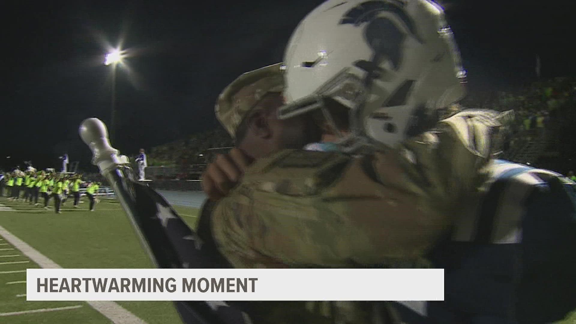 U.S. Army Lt. Colonel Kentrell Wilson surprised his son Makhi Wilson at a Pleasant Valley football game after a return home from overseas.