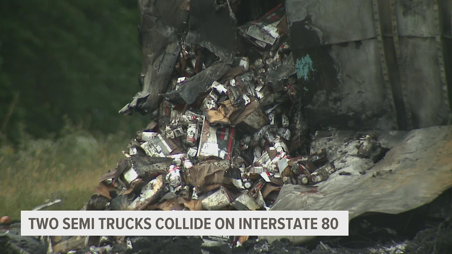 Two semi trucks crashed with each other, leaving one person with burn injuries.