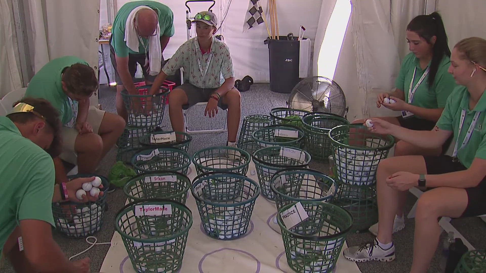 About 10,000 practice balls are brought out to the driving range and each pro has a preference on type. 