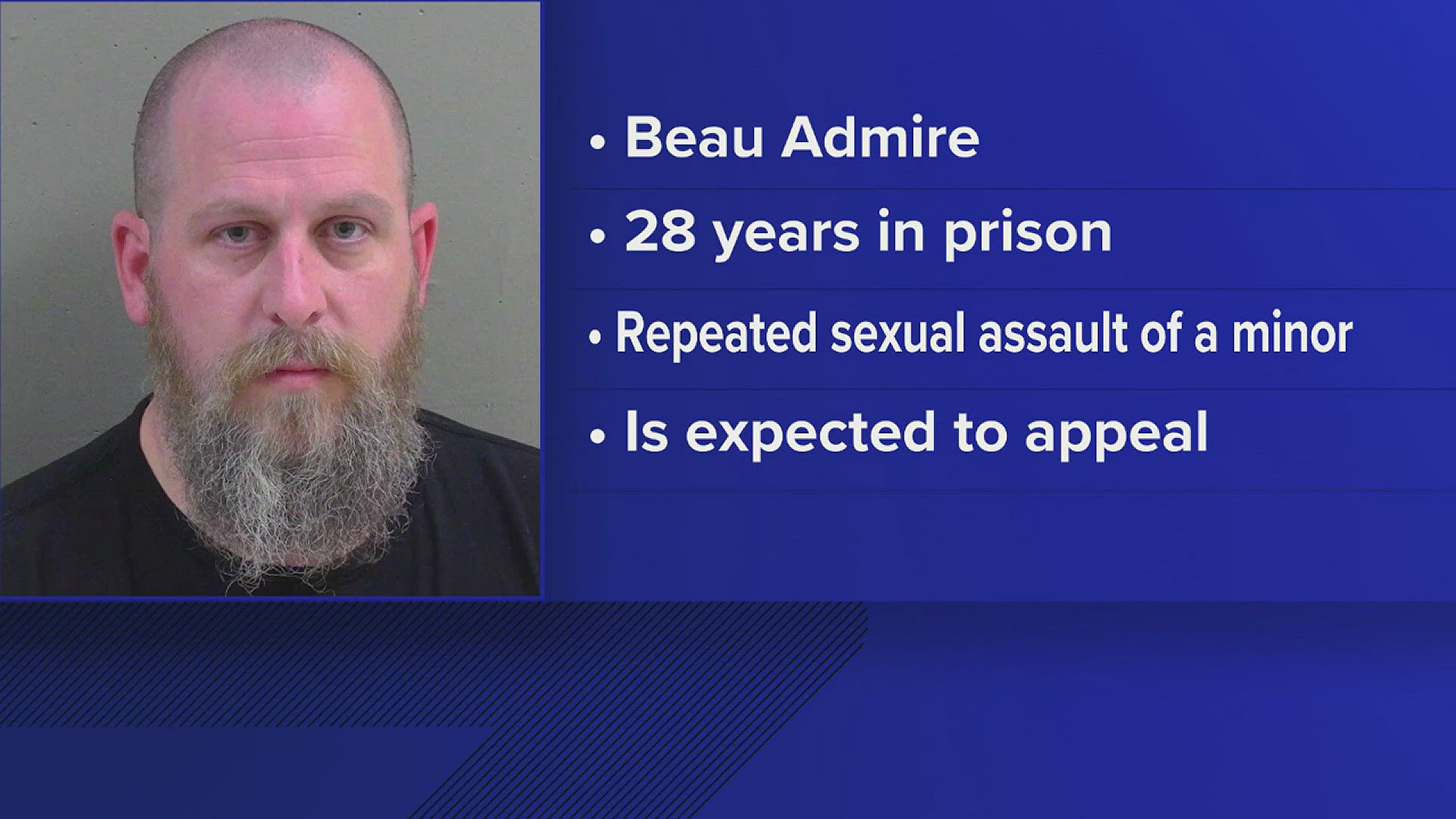 Beau Admire was sentenced on Friday after being found guilty of sexually assaulting a 13-year-old girl.