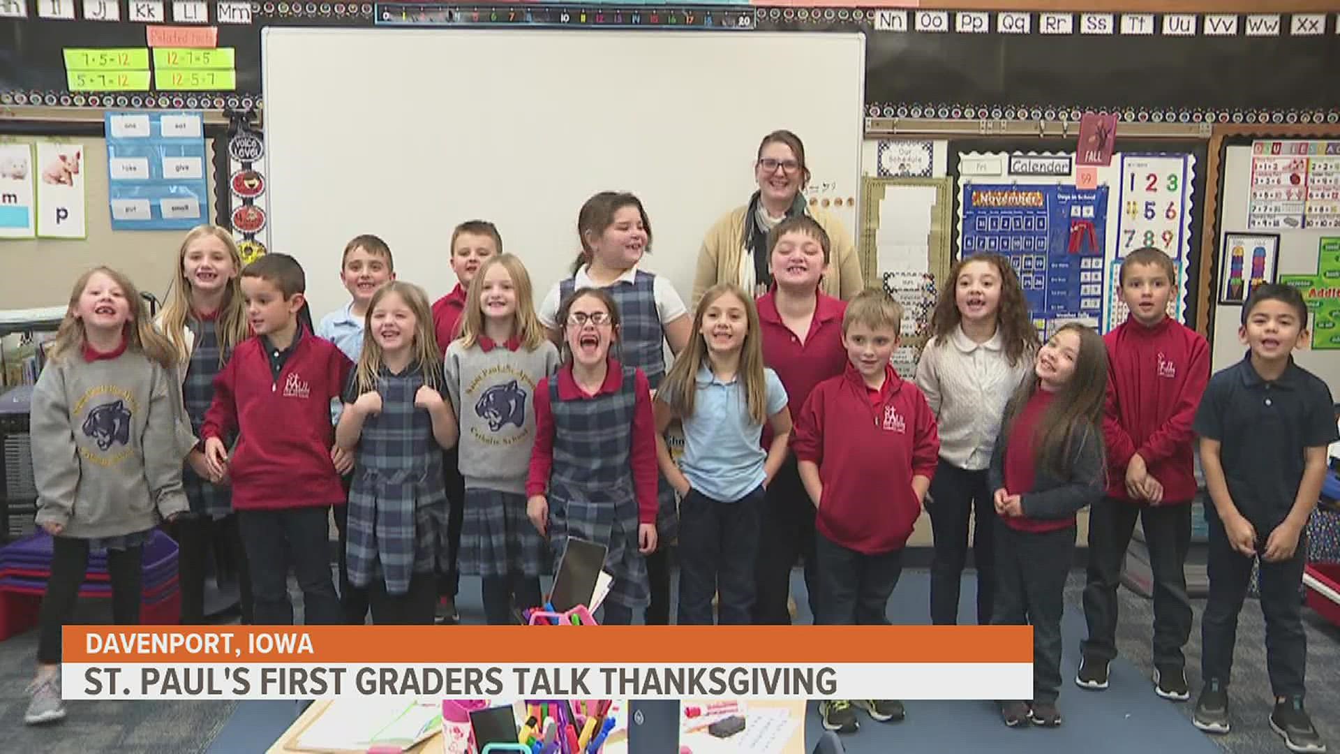 The first grade classes at St. Paul's Catholic School share the story Thanksgiving and some of their favorite traditions.