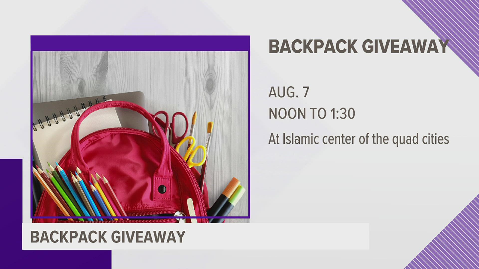 The ICQA will be giving out backpacks to families in need on Sunday, Aug. 7 from noon to 1:30 p.m. in Moline.