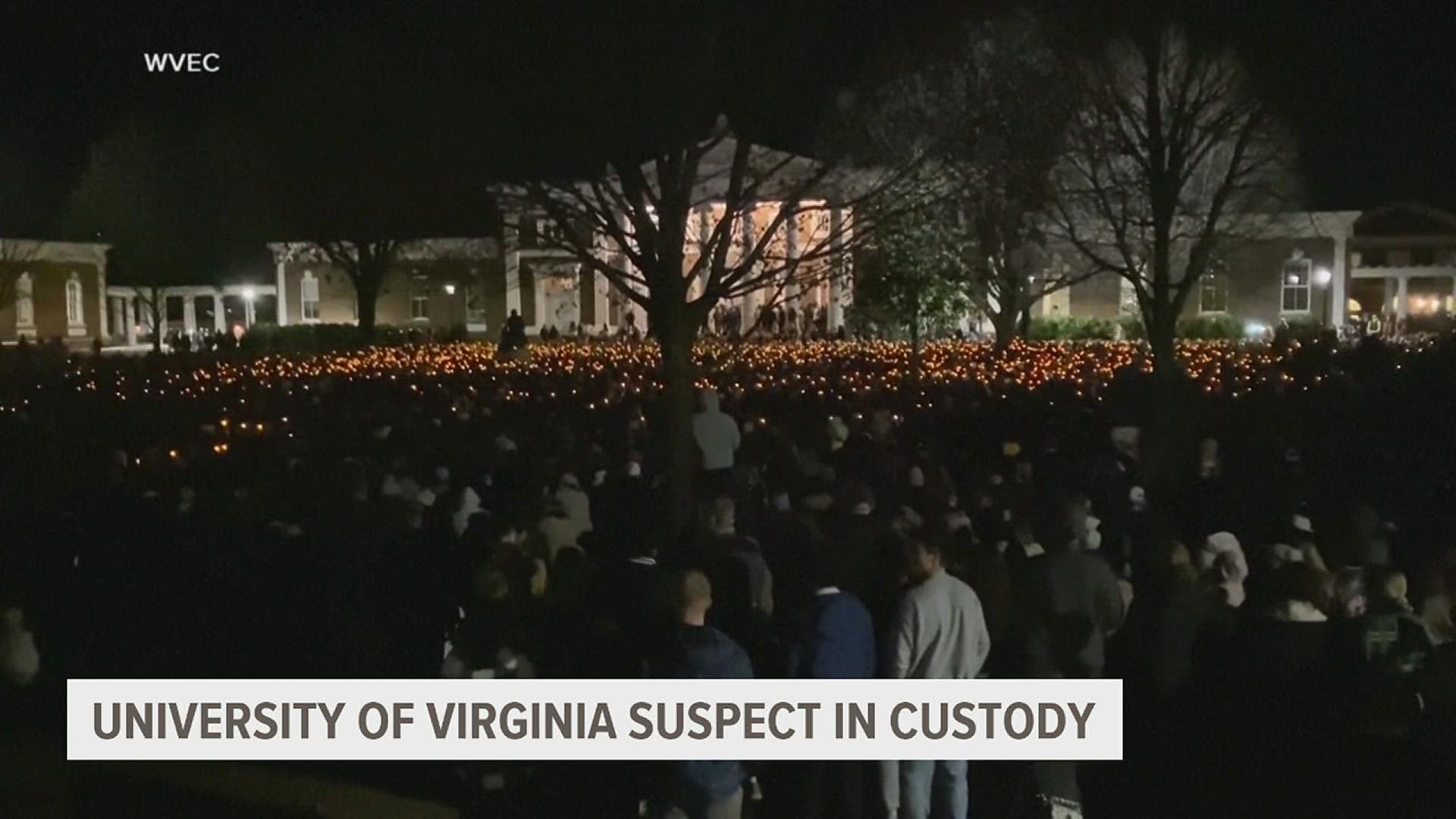 After a nearly 13-hour manhunt, a University of Virginia Student is in police custody this morning, accused of killing three fellow students.