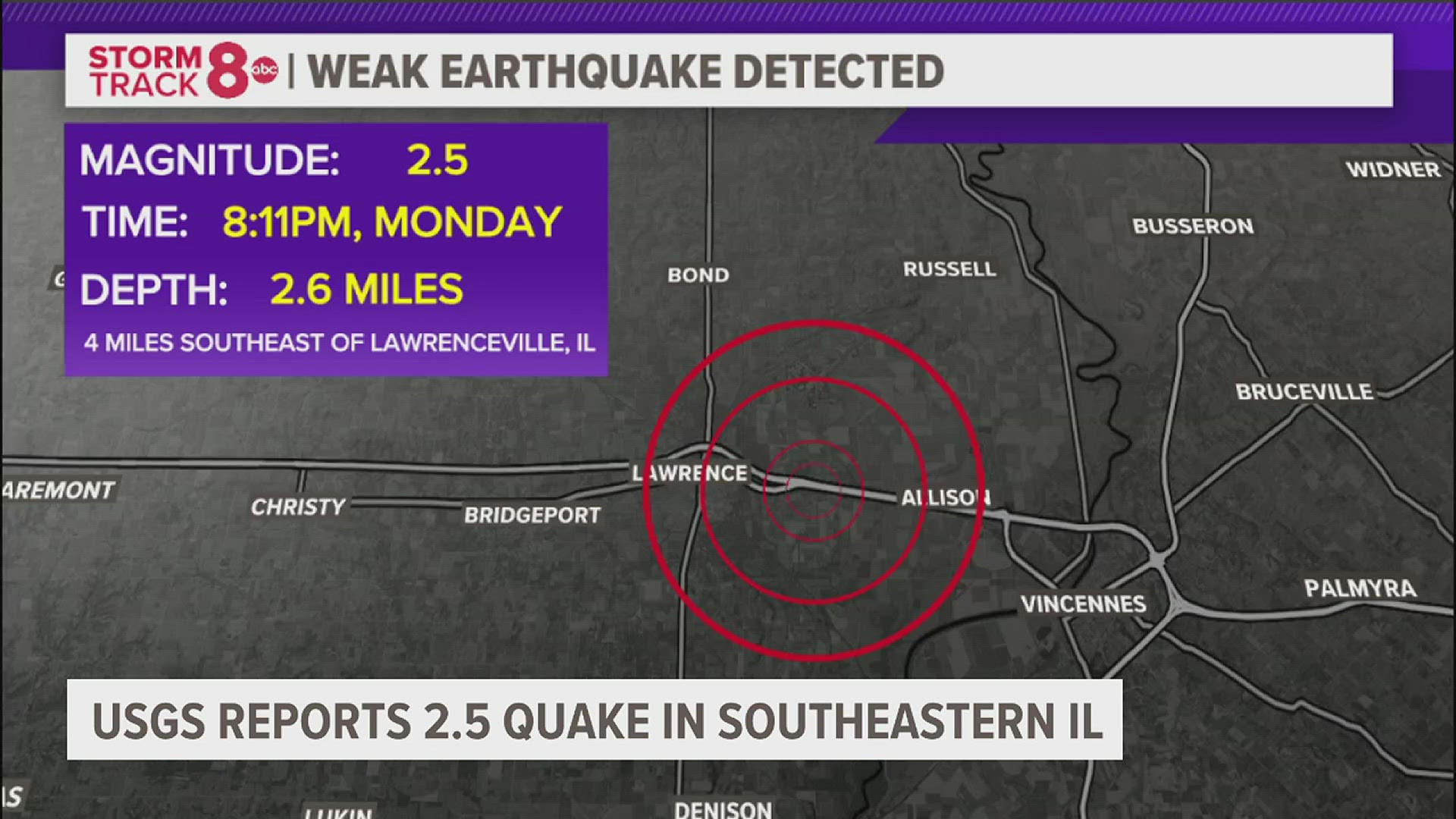 The U.S. Geological Survey reported a the quake about four miles southeast of Lawrenceville, IL just after 8 p.m. on August 14.