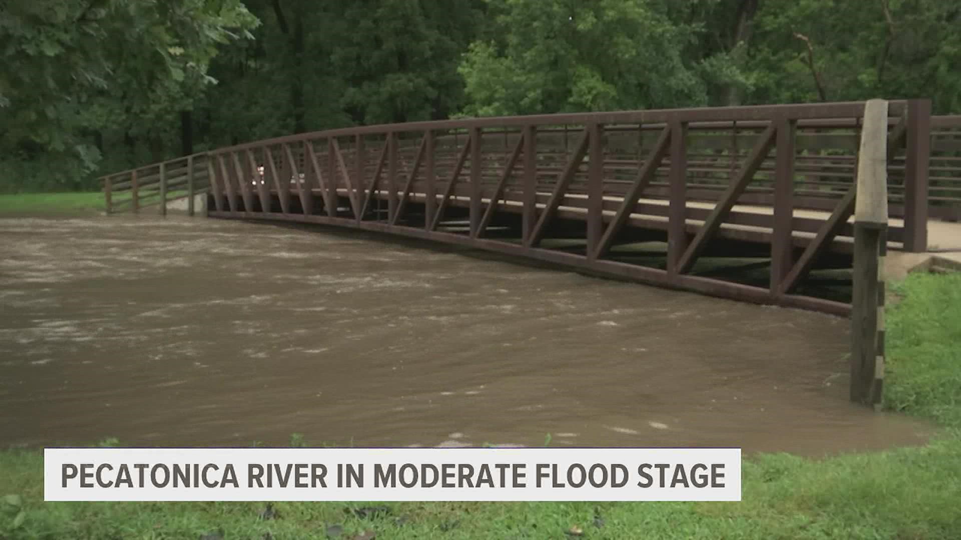 Many roads and neighborhoods are closed down in the area as the Pecatonica River crests to just shy of 15 feet, causing a flood warning through Thursday.