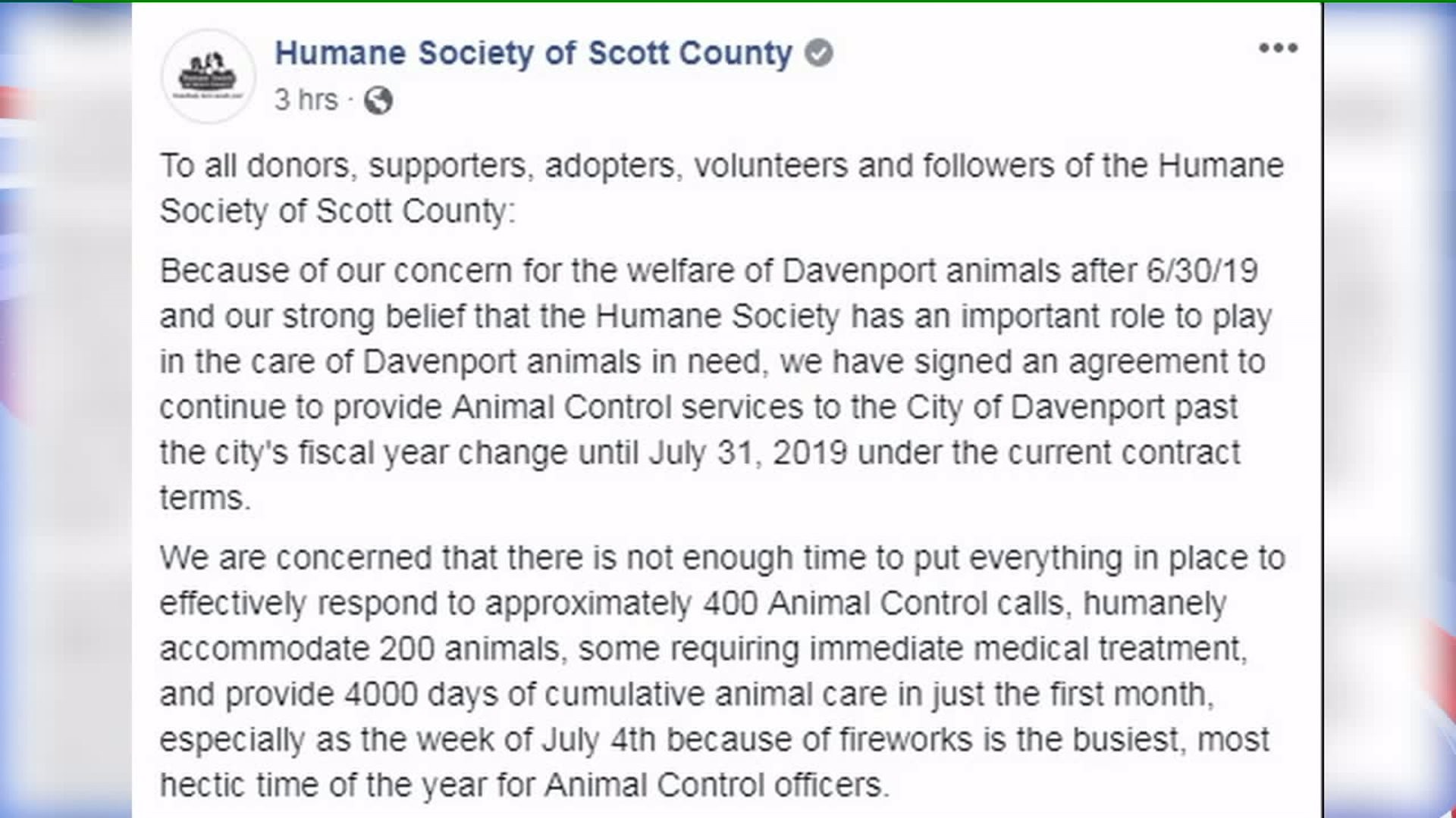 Humane Society of Scott County agrees to continue providing animal control services to Davenport, temporarily