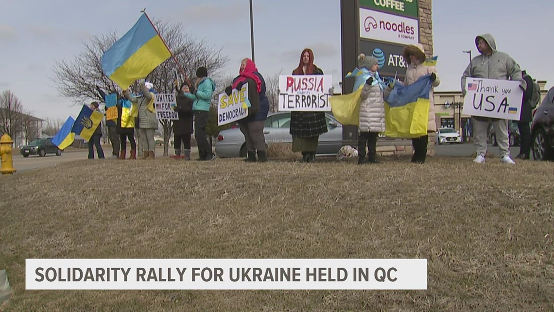 Ukrainian refugees lead other Quad Citizens in solidarity rally on the invasion's first anniversary