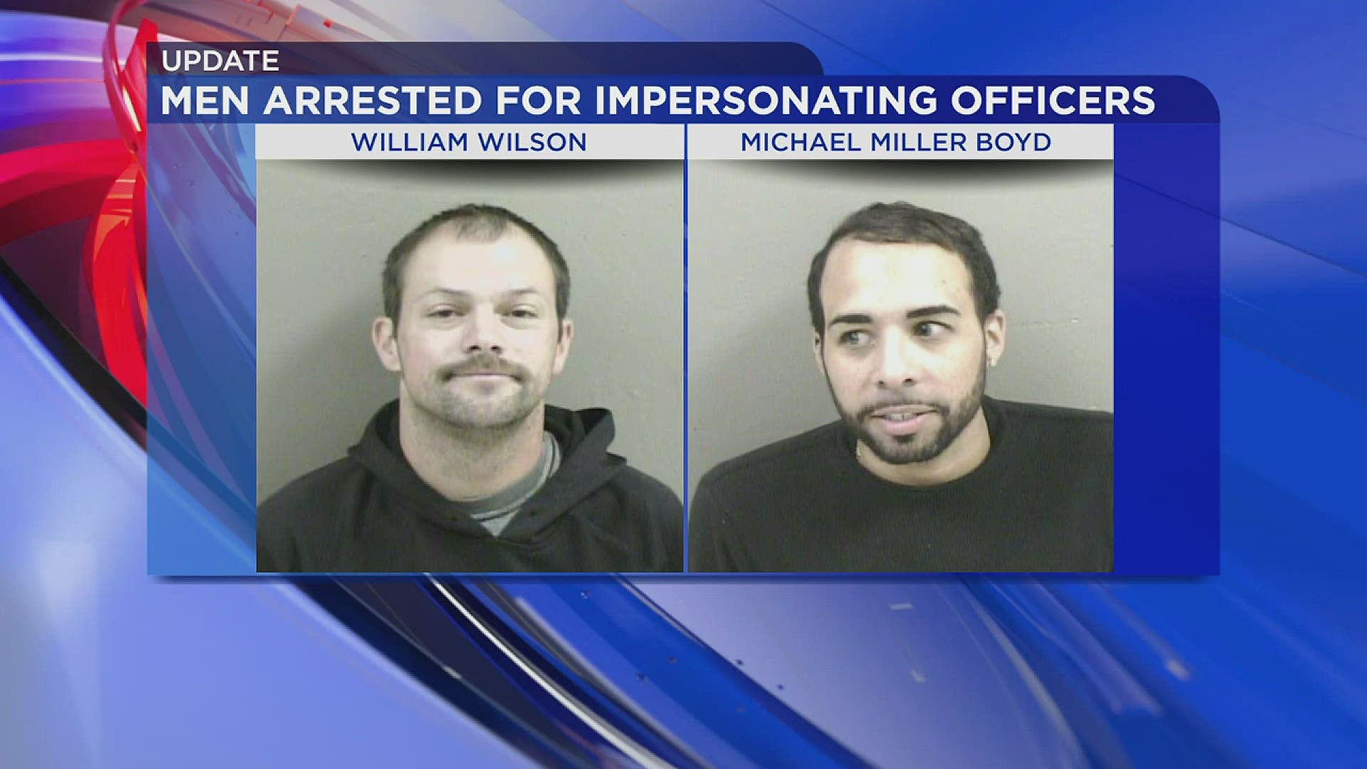 A woman told police the two men pulled her over in an SUV with blue and red flashing lights.