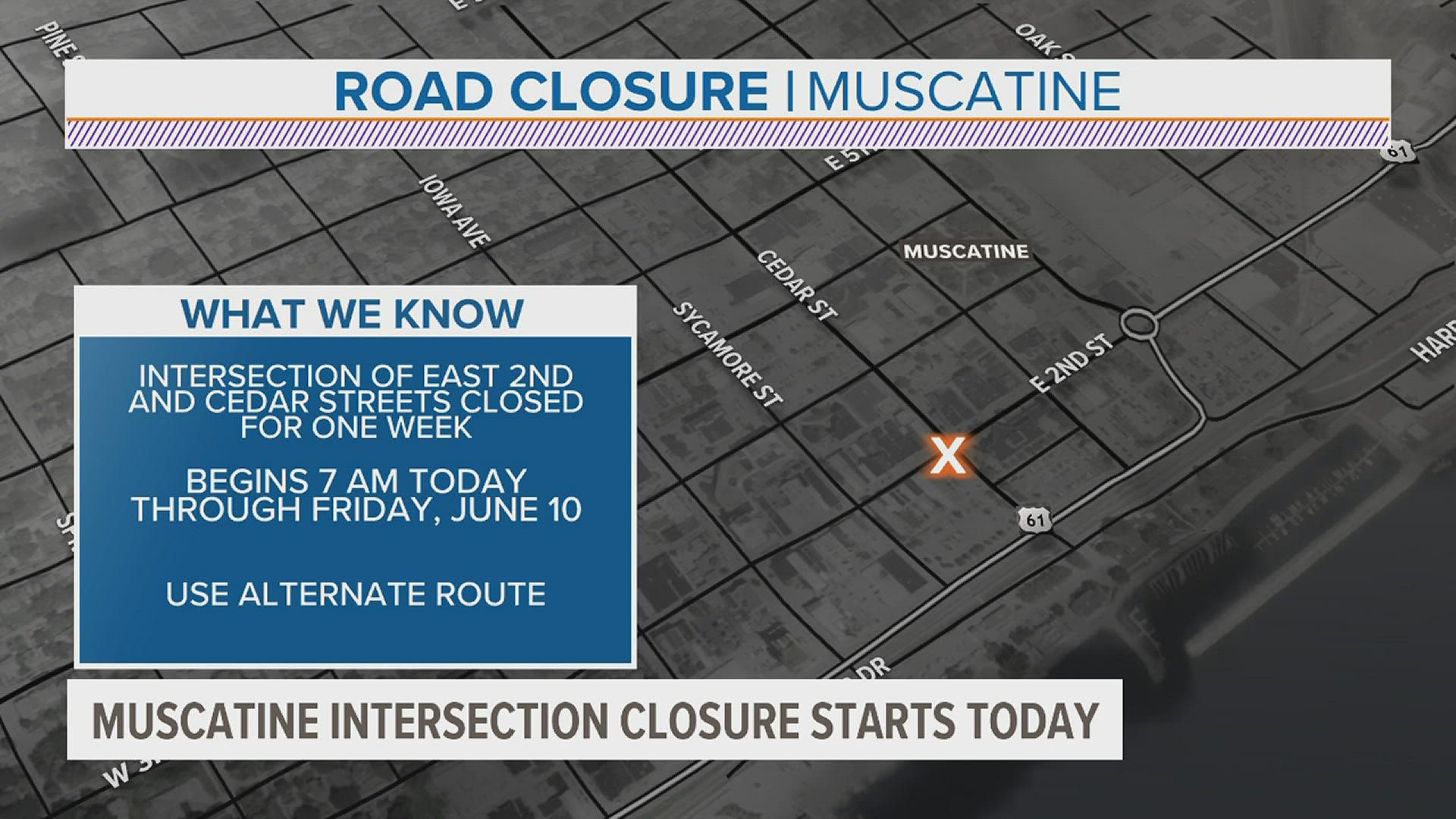 The closure at the intersection of East 2nd and Cedar streets begins Monday, June 6 and is expected to last through Friday, June 10.