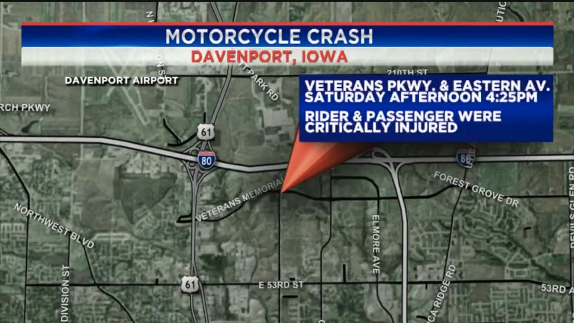 Two people riding a motorcycle later died in the hospital after a Jeep reportedly hit them in Davenport on Saturday.