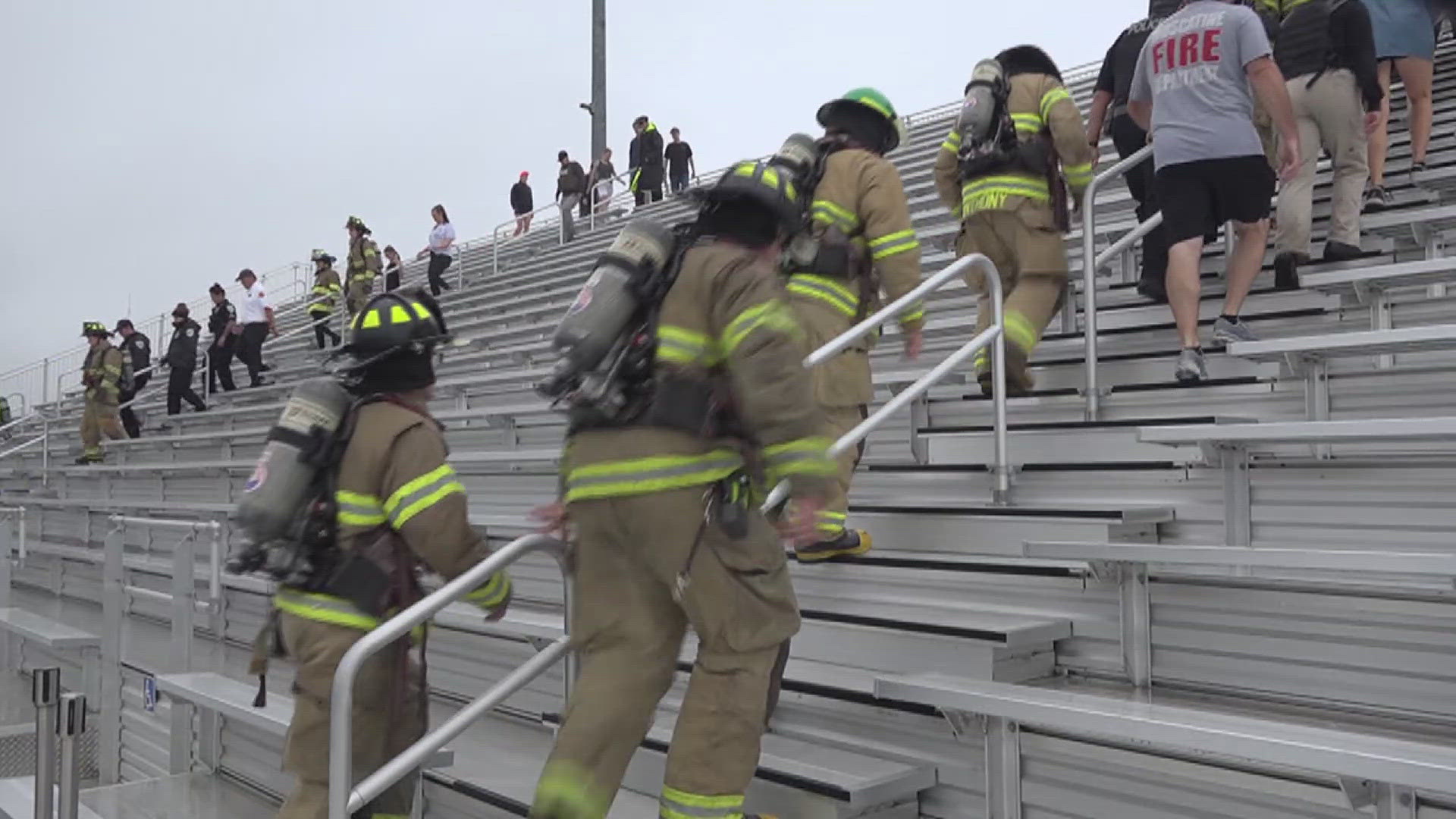 The climb is being held at the Muskies football field starting at 8:52 a.m. — the exact time the first New York City firefighters arrived at the Twin Towers.