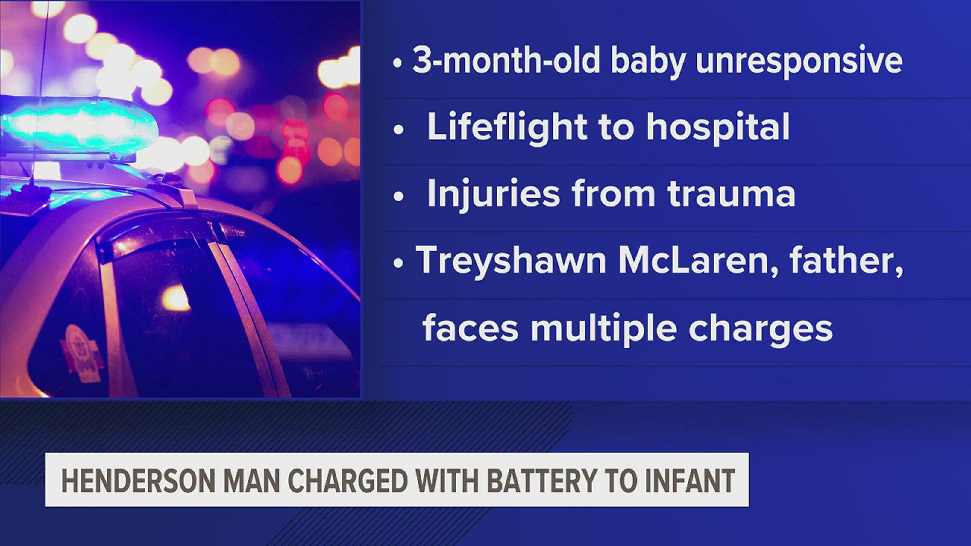 The father of the infant has been identified as Treyshawn McClaren, 26, of Henderson. Officials say the injuries were due to trauma.