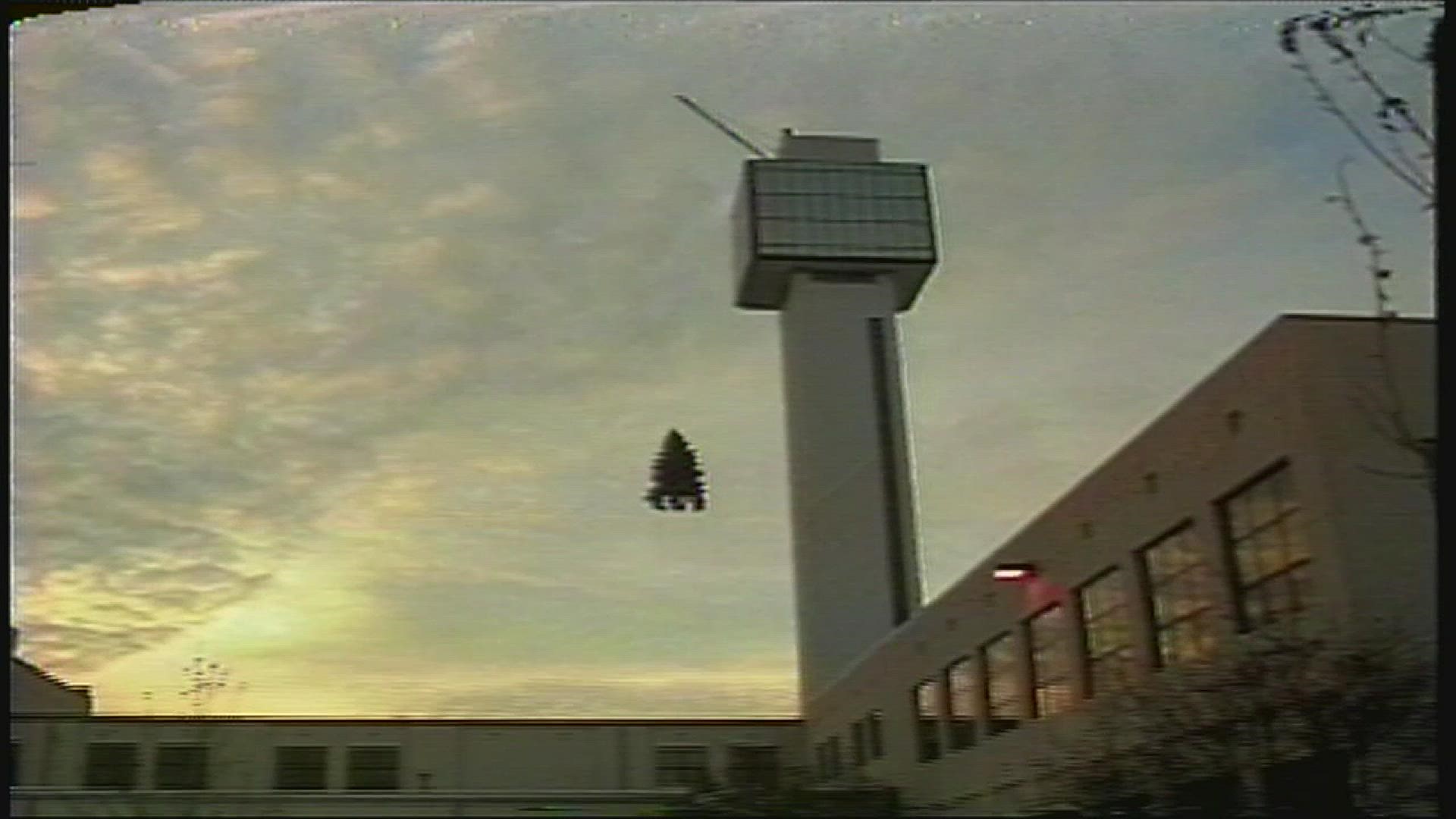 Once up top, the 20-foot tree is secured with eight ropes and bolted to a permanent rooftop stand.