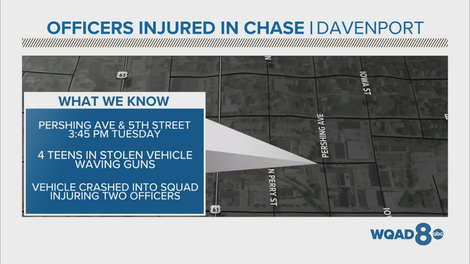 A group of teens driving a stolen car got into a brief chase with Davenport police, which ended when they crashed into a squad car, injuring two officers.