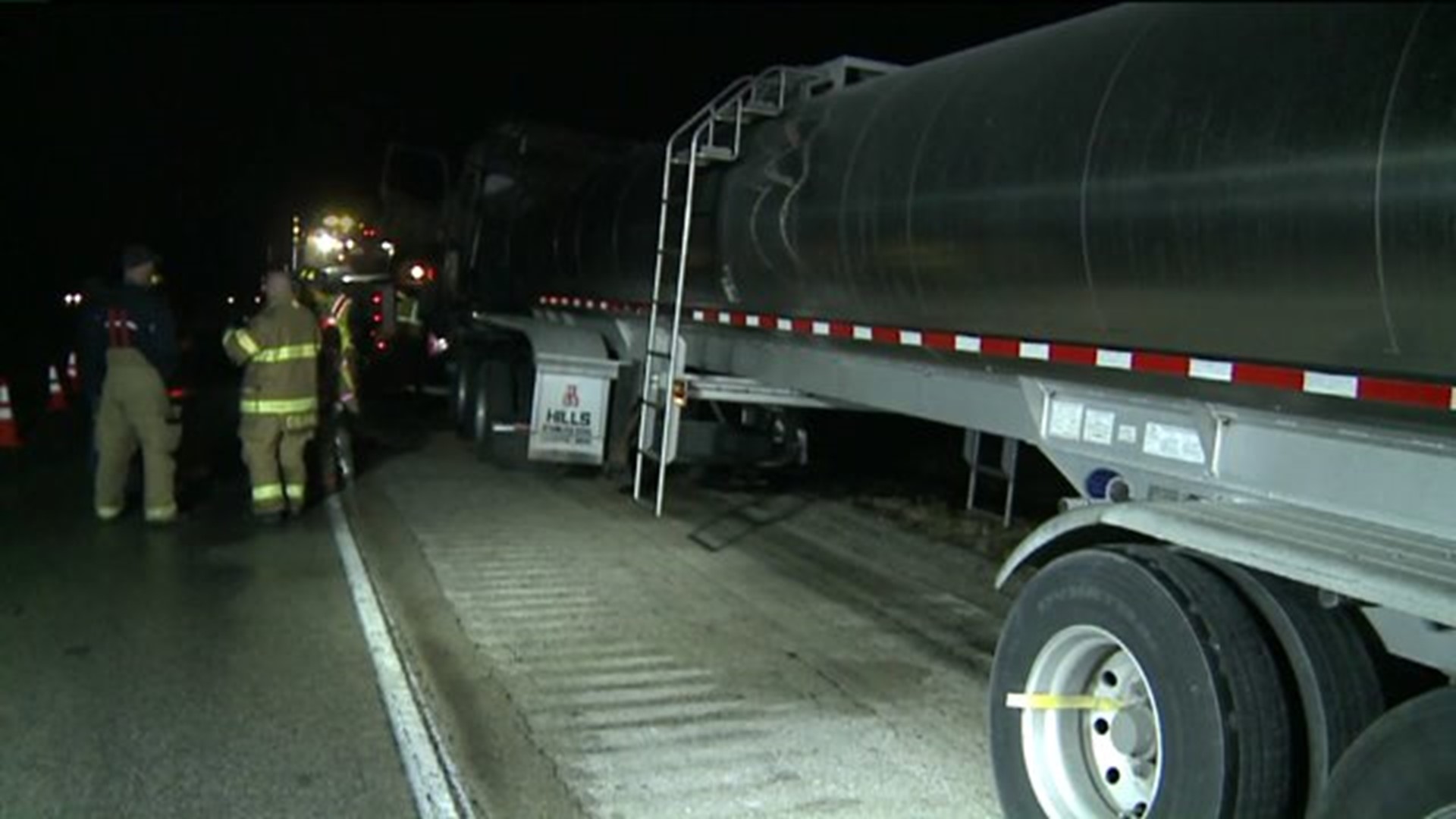 Crews cleanup semi that caught fire on I-80