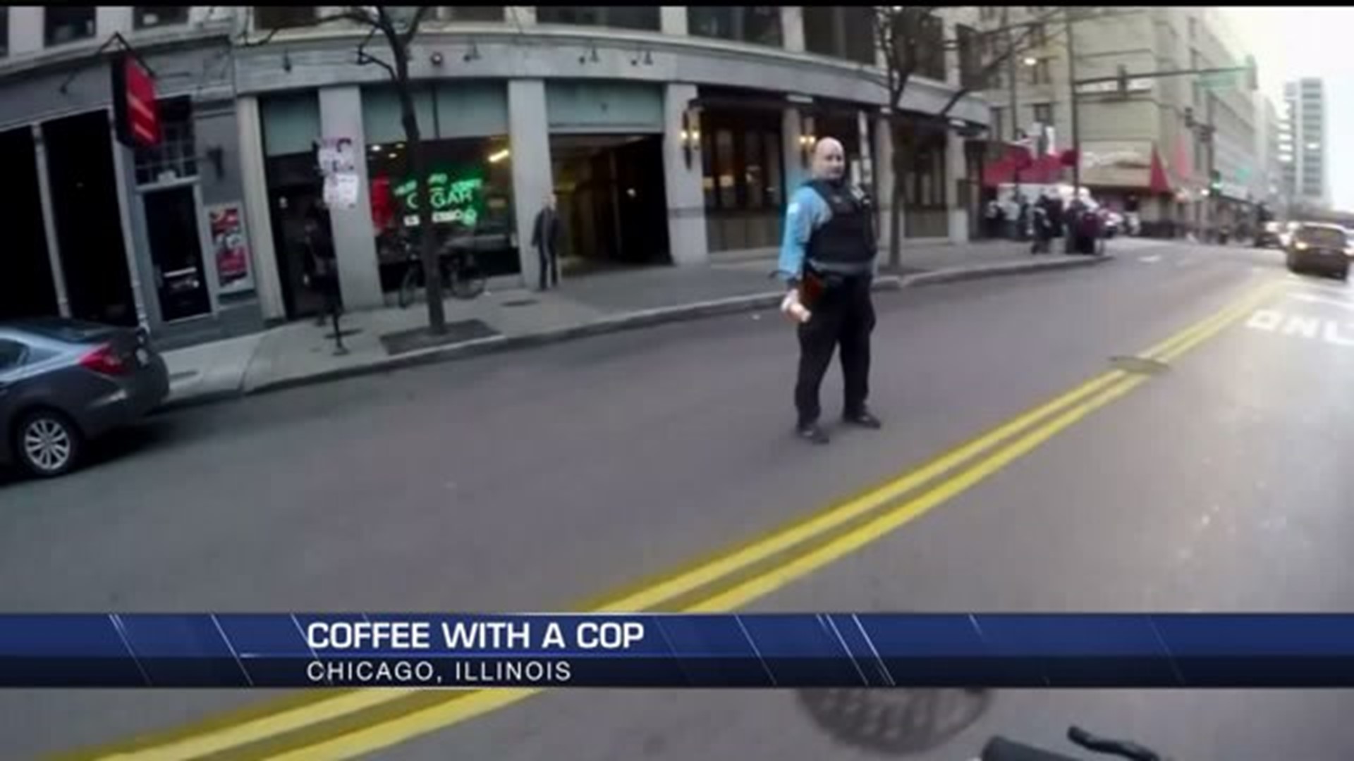 Chicago cop chucks cup of coffee.