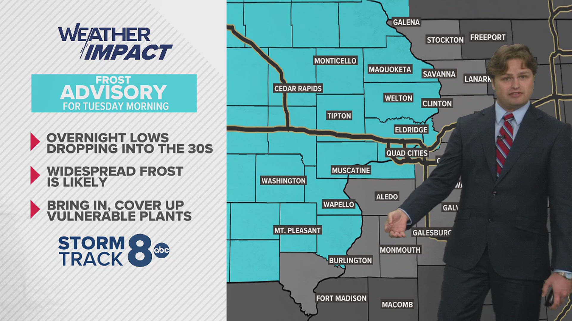 A frost advisory will be in effect for our hometowns along and west of the Mississippi with a freeze warning Tuesday evening into Wednesday.