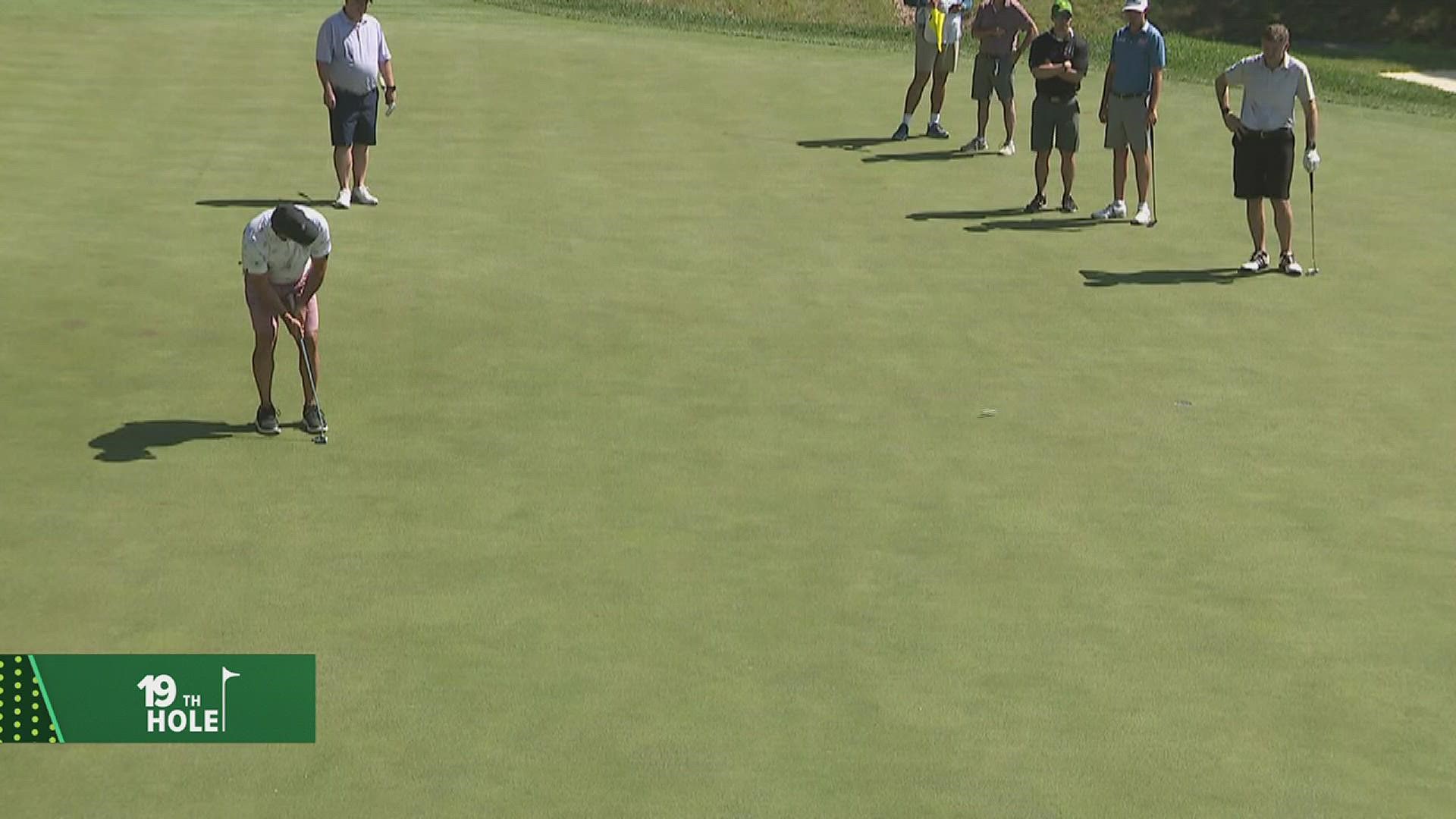 The first Putt of the Day award goes to Joe Schollaert from Ohio, who made a long shot for birdie on hole 16.
