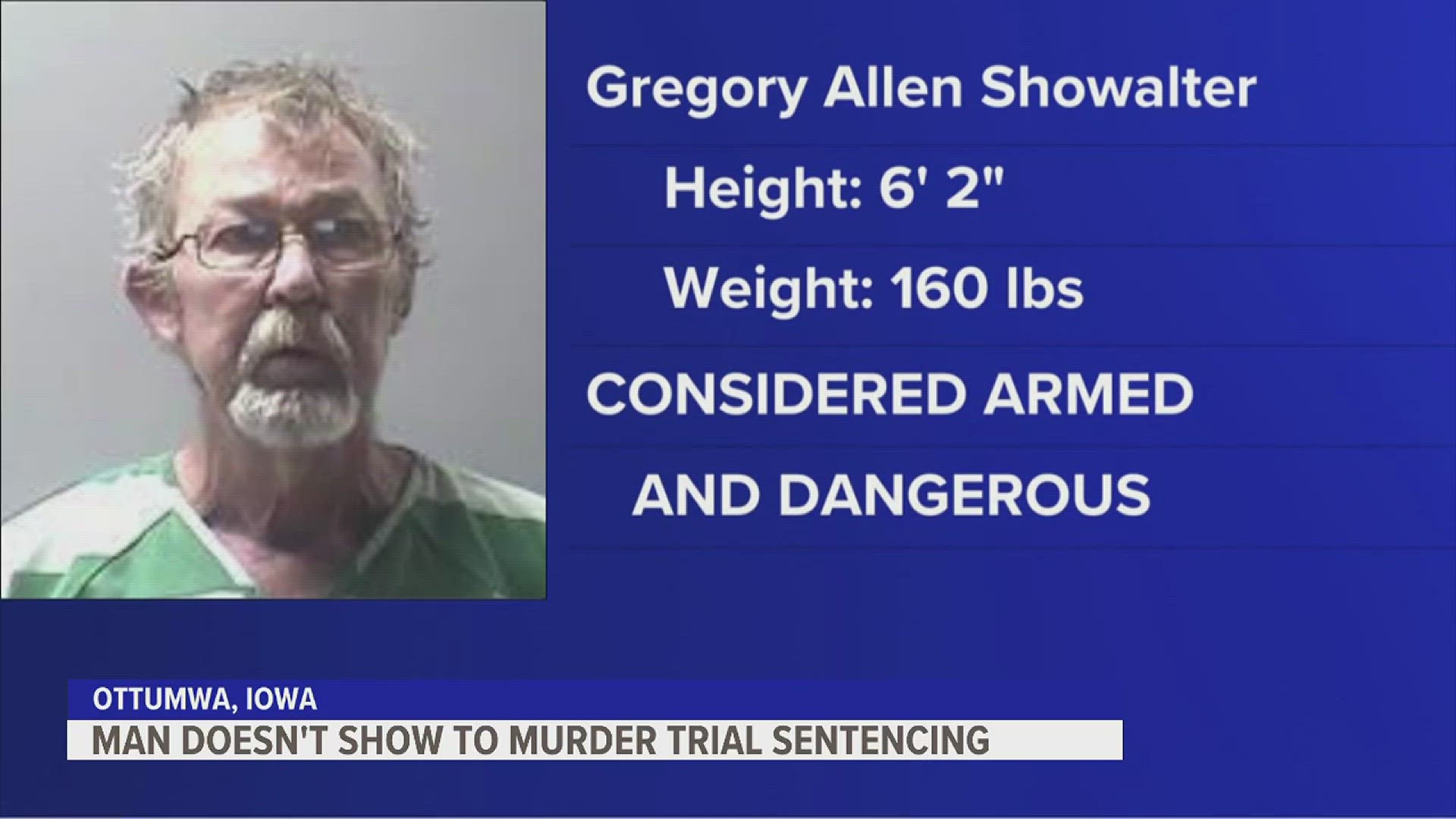 Police are searching for Gregory Showalter of Ottumwa. He failed to show up at his first-degree murder trial the day a jury found him guilty of killing his wife.