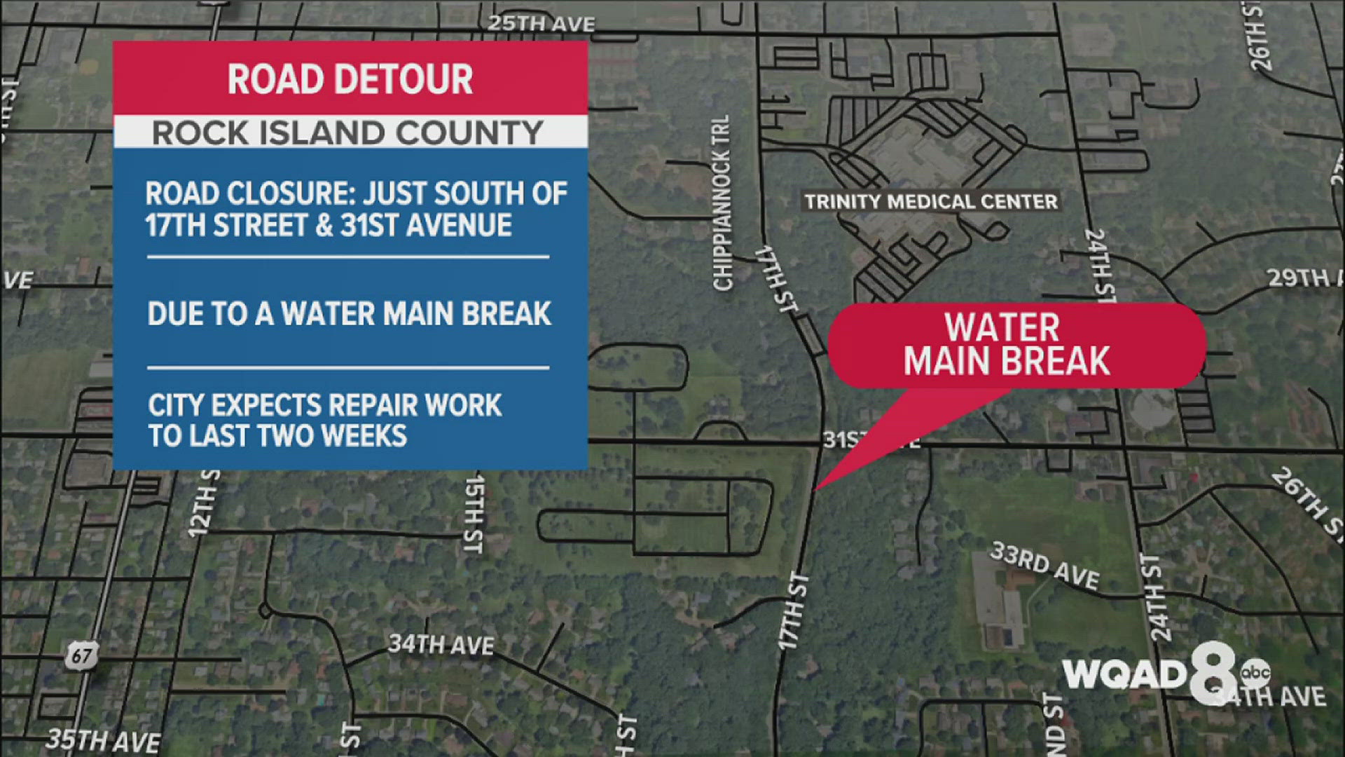 The work area is on 17th Street just south of 31st Avenue in Rock Island. Traffic delays are expected in the area during construction.