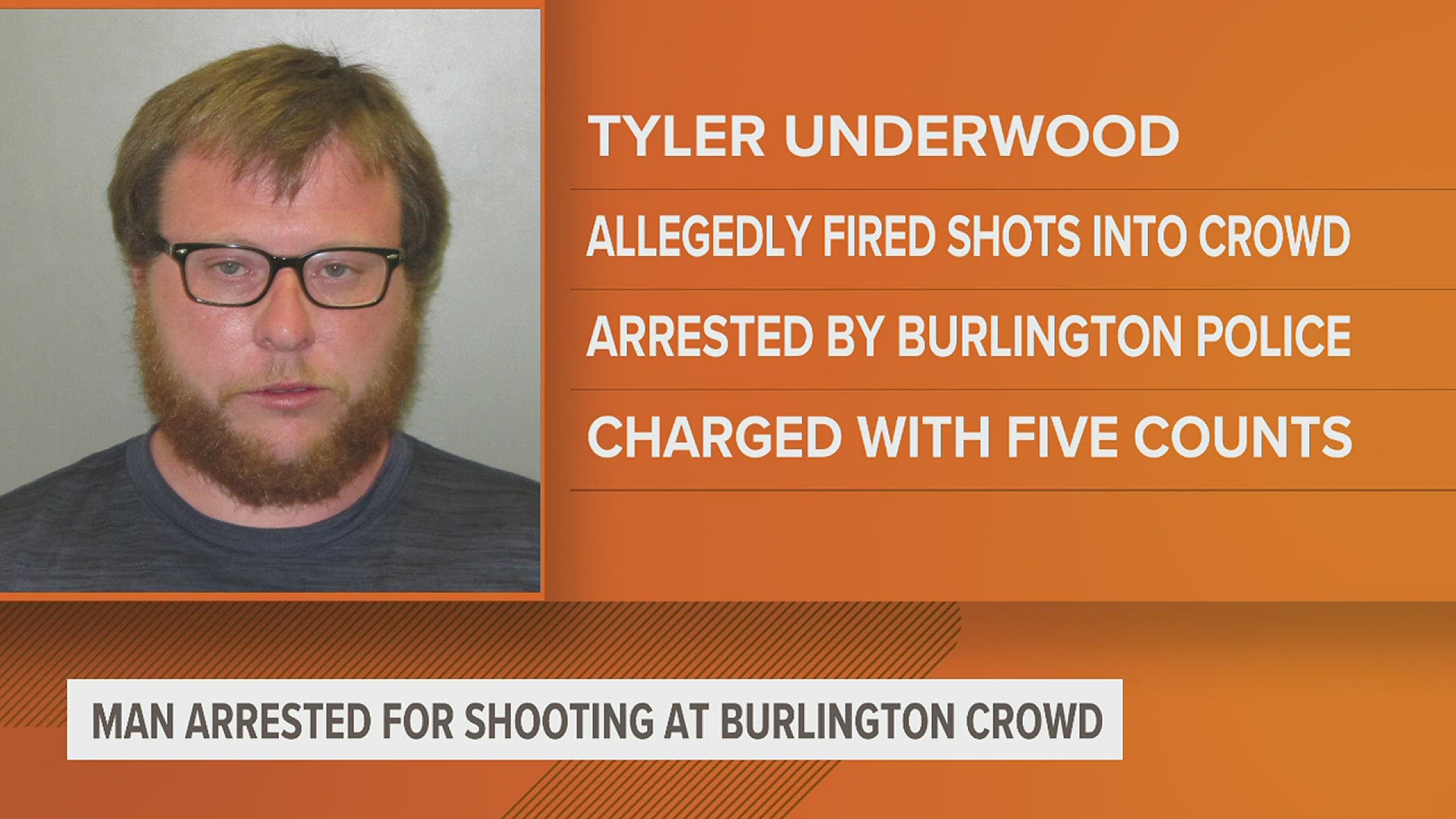 Burlington police say that Tyler Underwood shot into a crowd around 2 a.m. on Sunday morning. He's being charged with 5 counts.