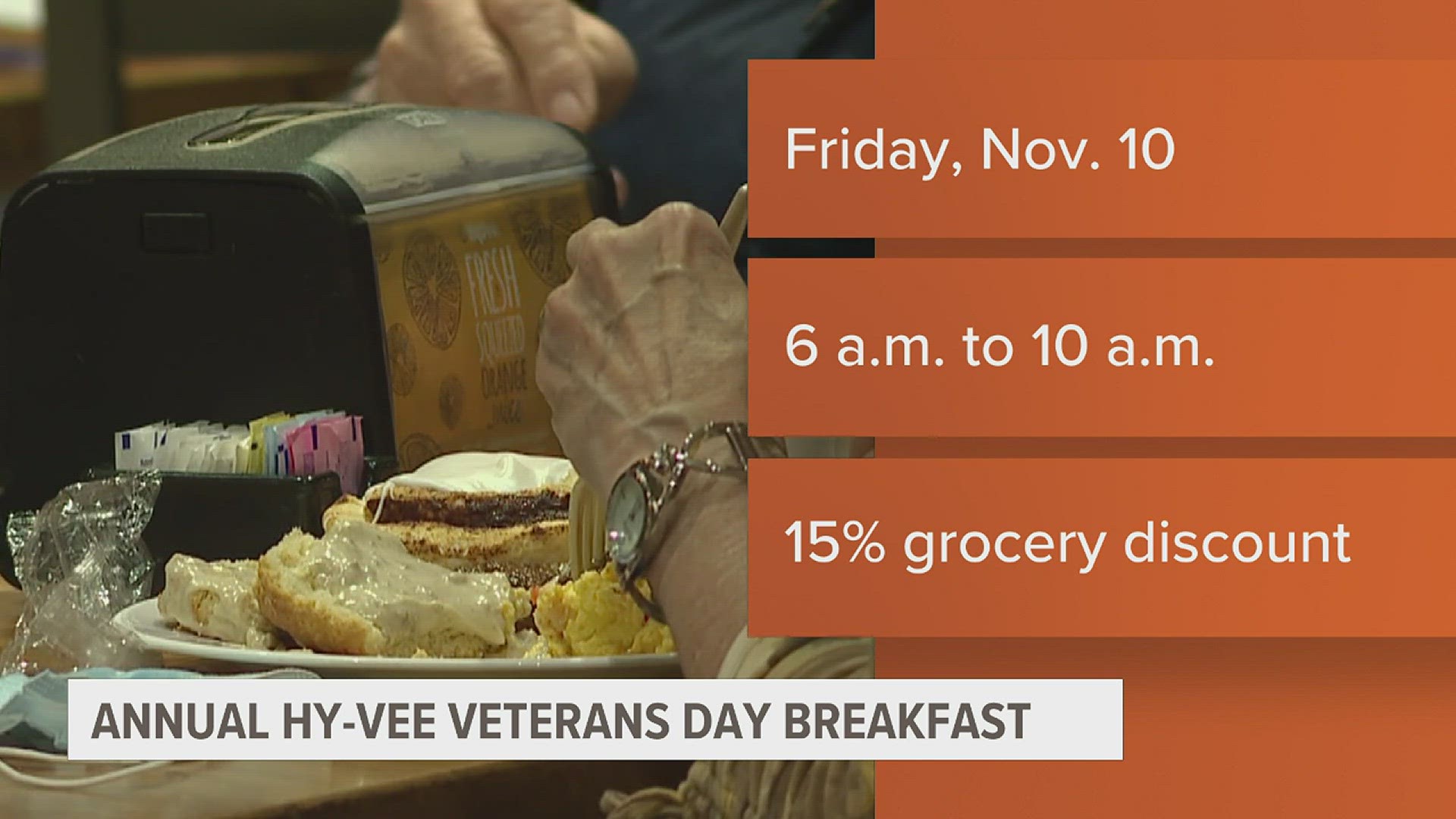 All Hy-Vee locations in the Quad Cities will be participating from 6 to 10 a.m.
This meal is part of the "Home Front Initiative."