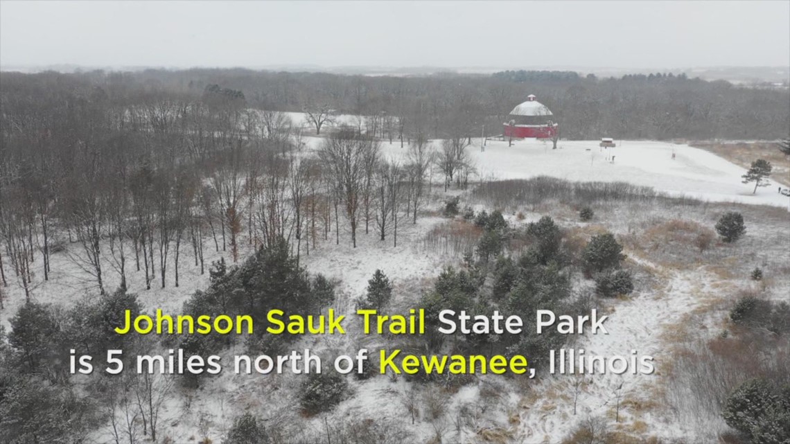 8 in the Air: Beautiful winter scene above Ryan's Round Barn in Kewanee