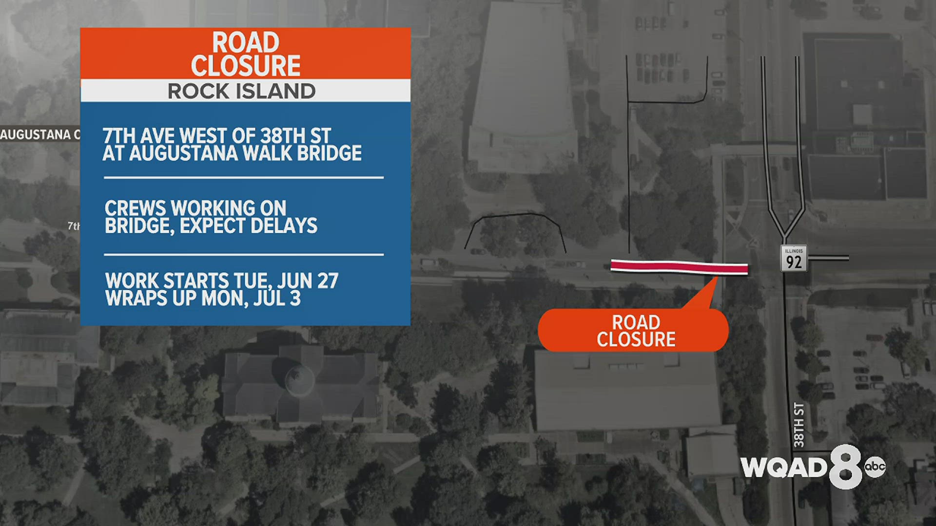 Just west of 38th Street, 7th Avenue will be closed until Monday, July 3 while crews repair Augustana's walking bridge.