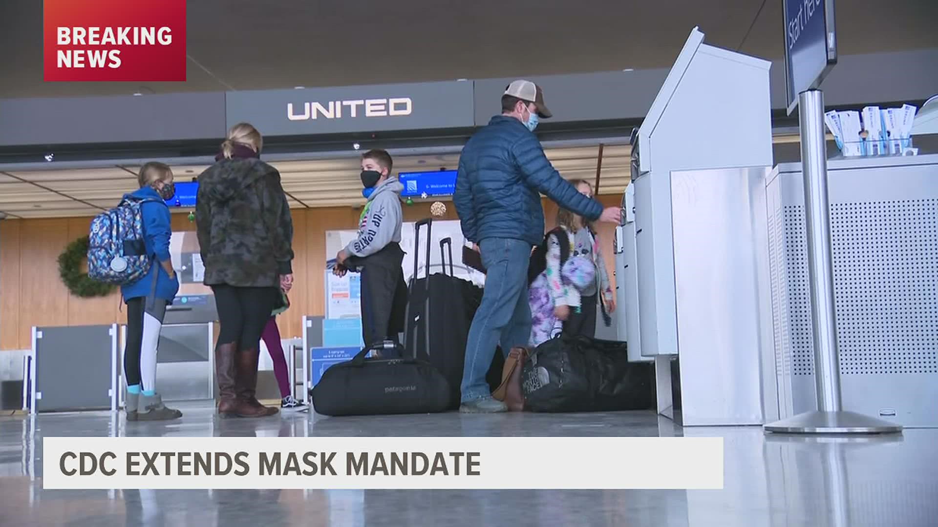 The federal mask mandate on airplanes, public buses, and other mass transit has been extended through May 3.