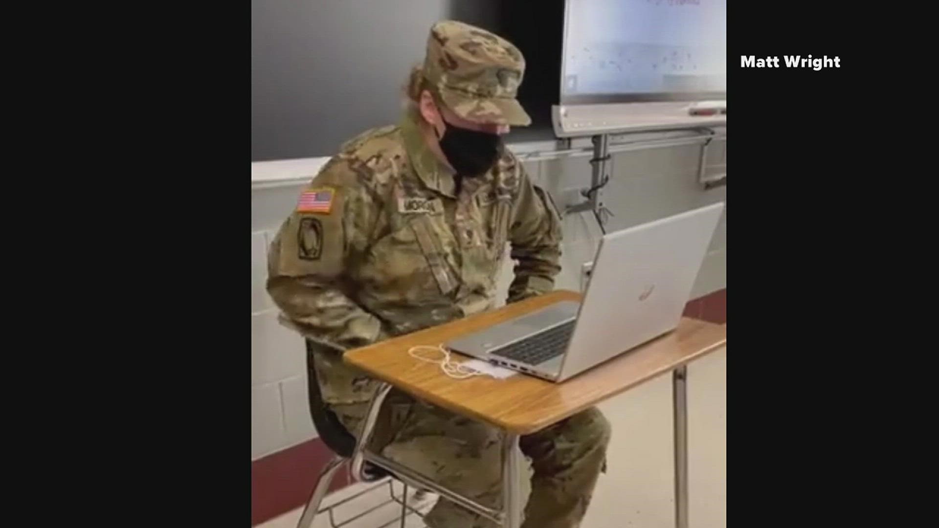 The sophomore's high school set up a surprise "Zoom call" from her sister, who is active duty Army, when the soldier was really just across the hall!