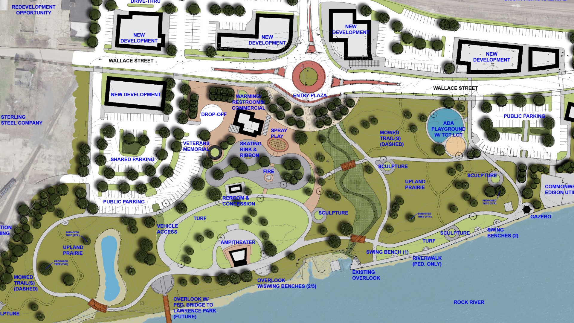 The park would include a walking path, amphitheater, skating rink, and more