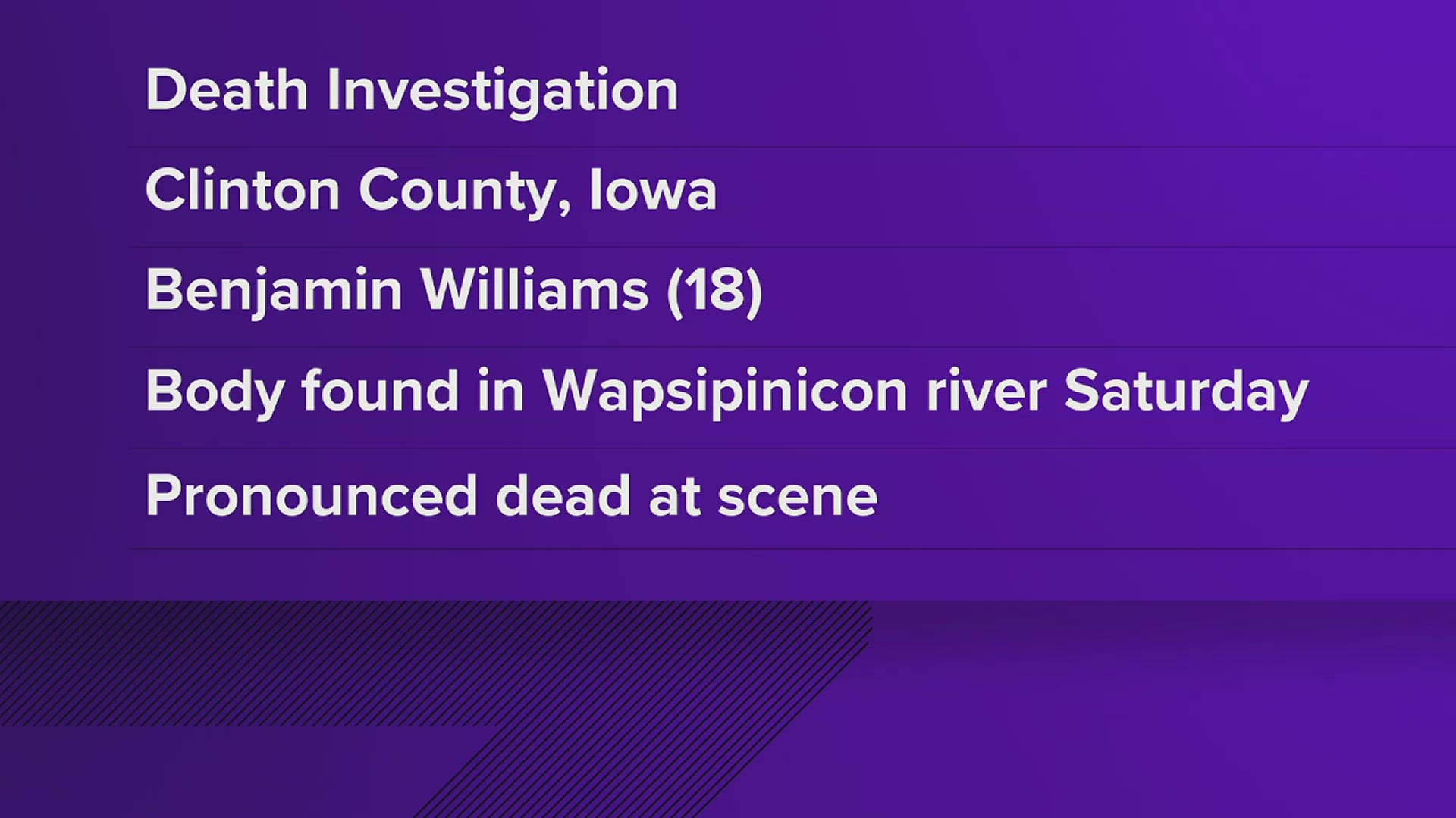 The Clinton County Sheriff's Office said it responded to a call for a missing person at the Ben Martinsen Wildlife Area just south of Folletts, Iowa.