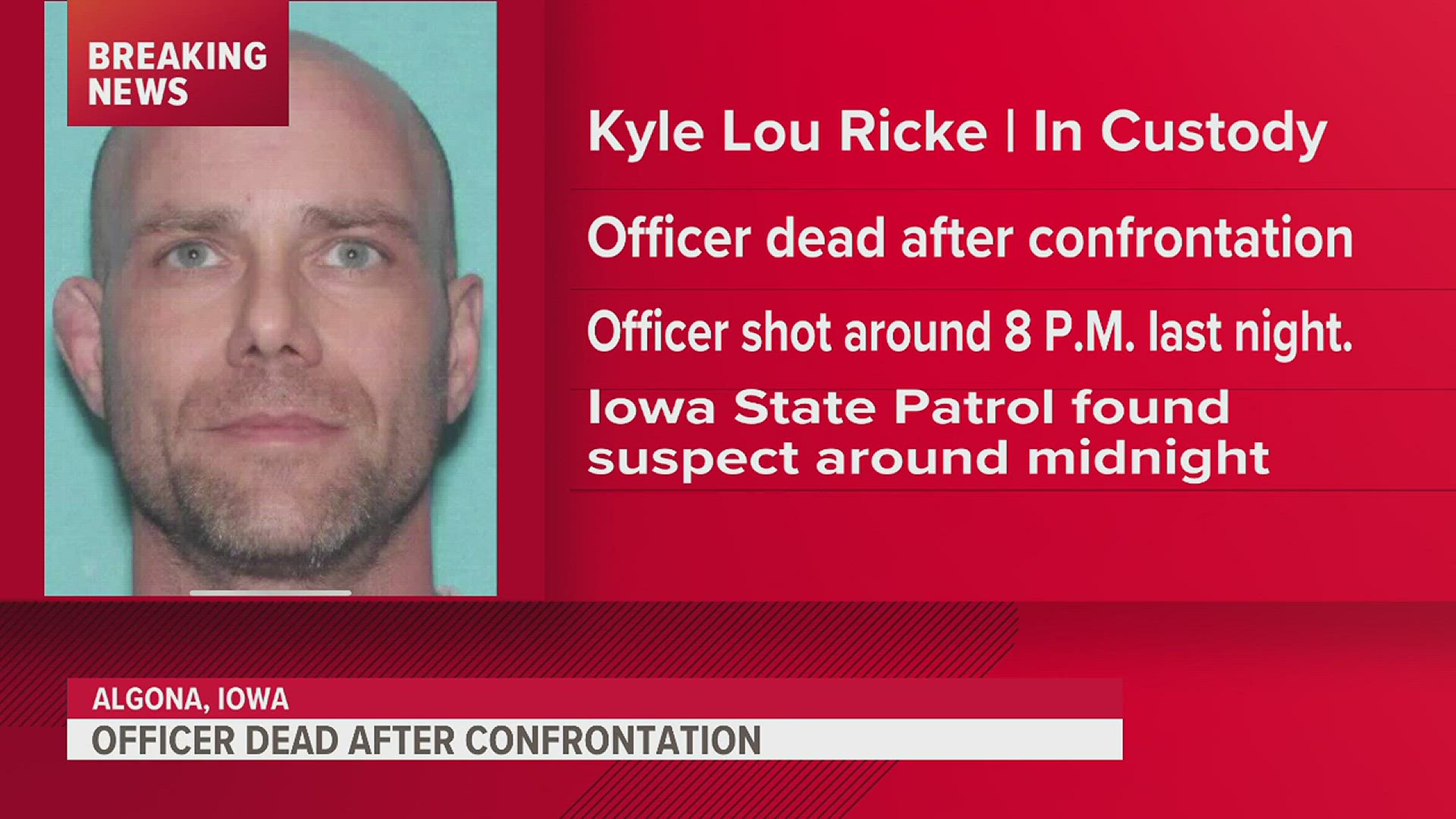 Iowa State Patrol announced this afternoon that an officer in Algona that had been shot has died. Suspect Kyle Ricke has been arrested for the alleged shooting.