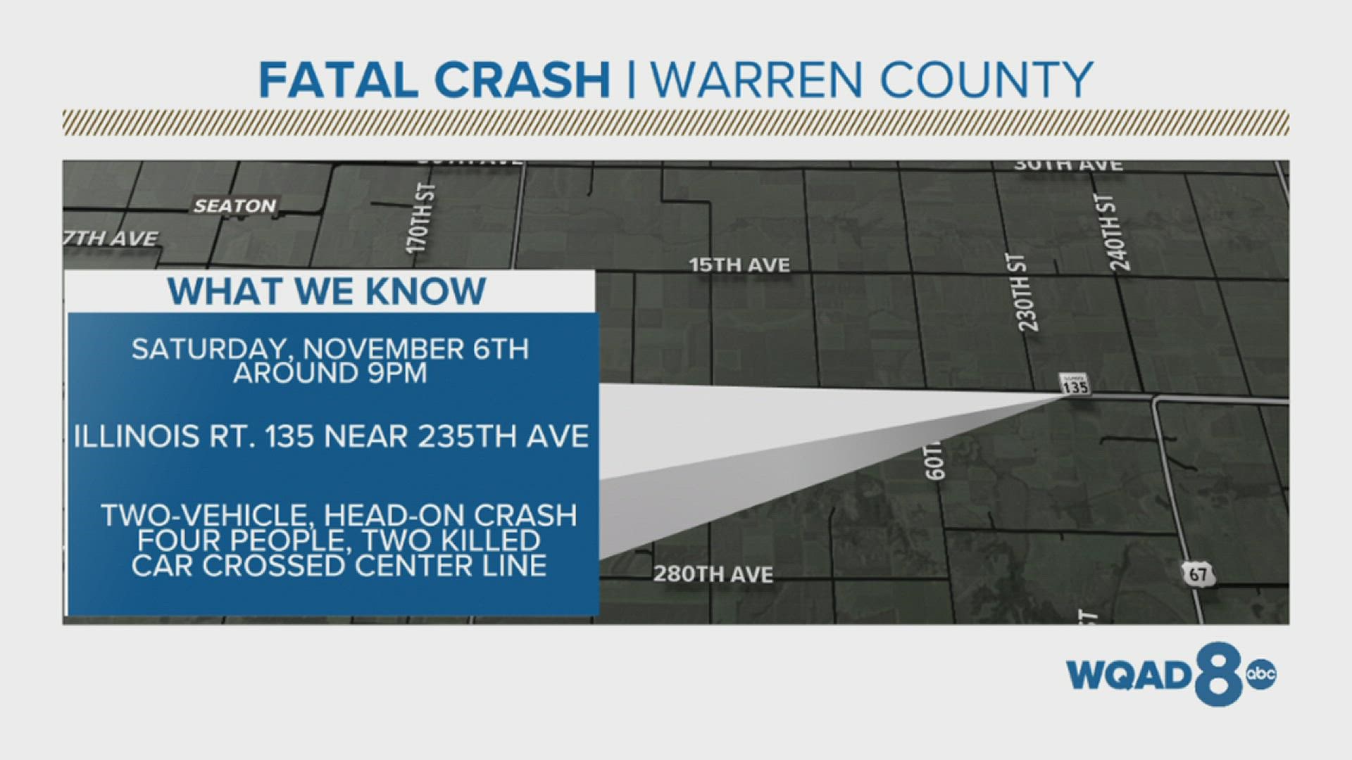 Two people are dead and two more are injured after their cars collided head-on Saturday evening.