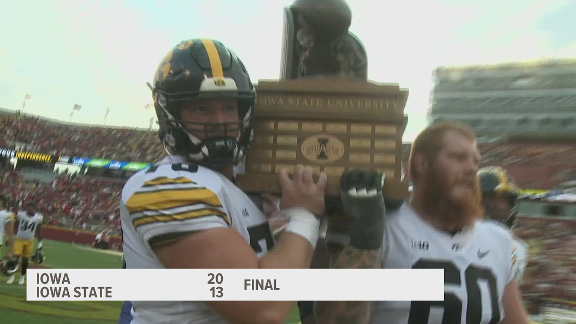 Iowa wins the Cy-Hawk game 20-13. This is the 6th straight win for the Hawkeyes in Ames.