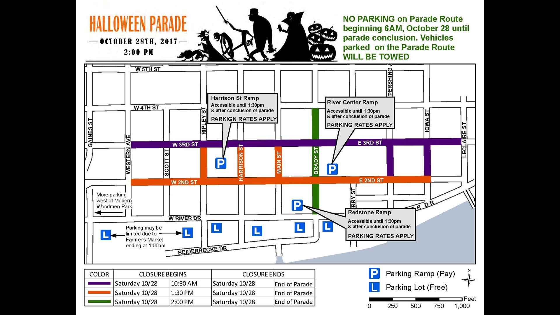 Which roads will be closed for Davenport’s Halloween parade